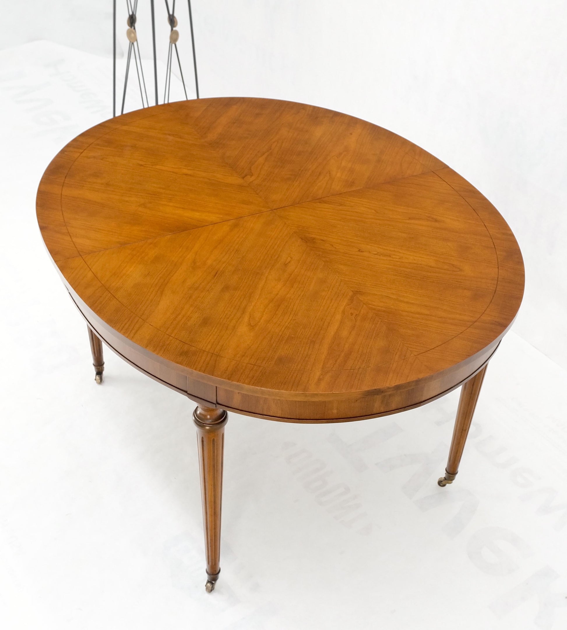 EstablishedLines American Mid-Century Oval Satinwood DiningTable 3 Leaves Fluted Tapered Leg Mint