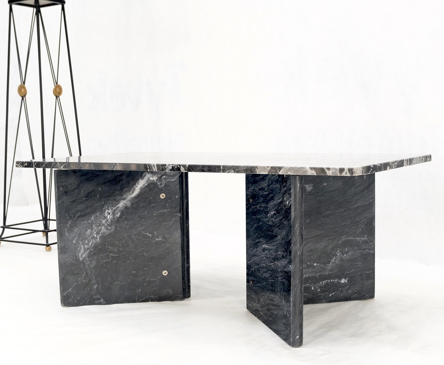 Italian Black Marble Top Double Pedestal Base Rectangle Coffee Table MINT!