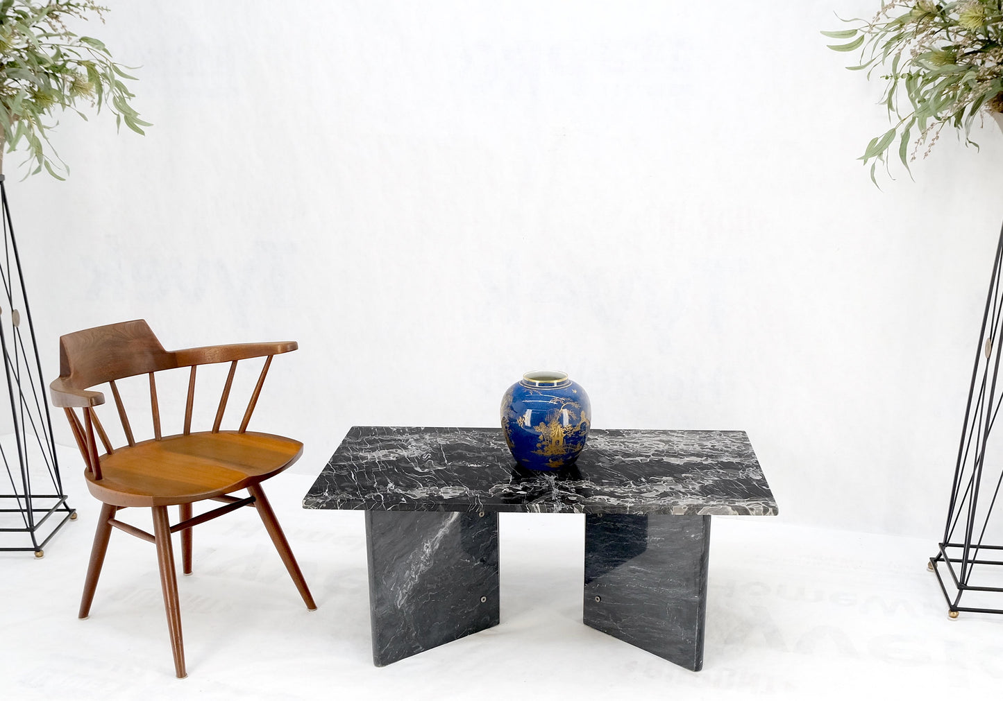 Italian Black Marble Top Double Pedestal Base Rectangle Coffee Table MINT!