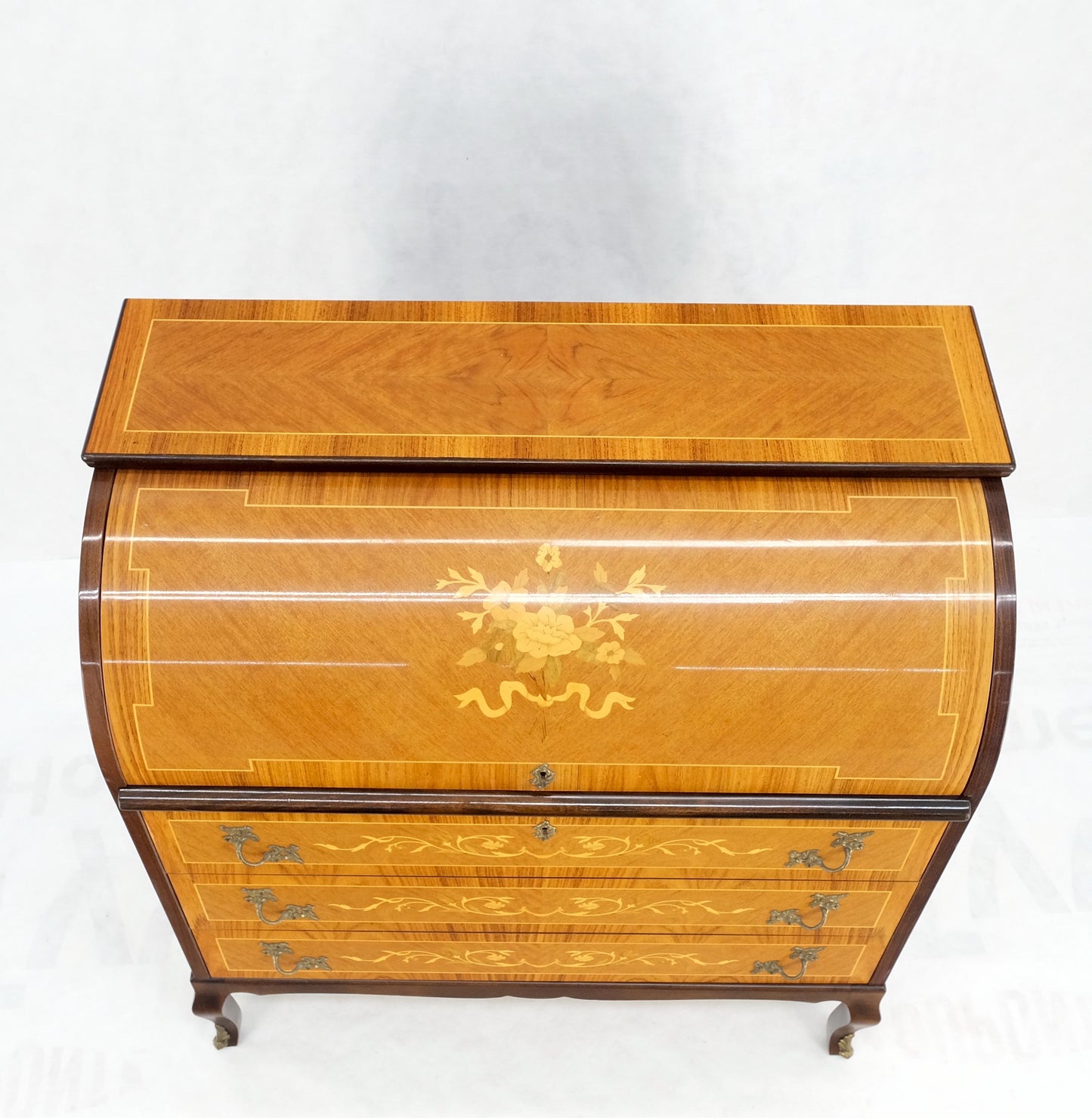 Italian Inlaid Satinwood Cylinder Top Secretary Desk Chest Drawers Dresser Mint!