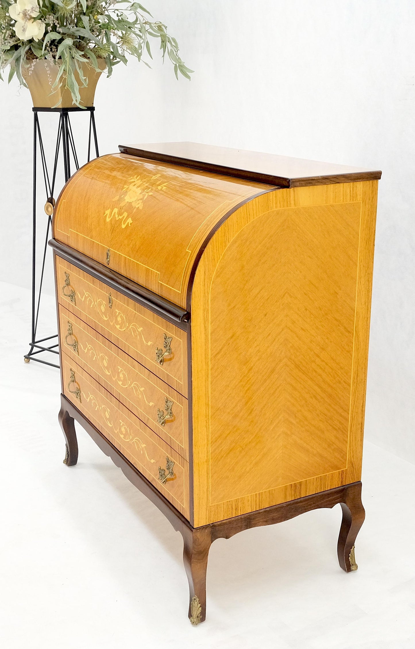 Italian Inlaid Satinwood Cylinder Top Secretary Desk Chest Drawers Dresser Mint!