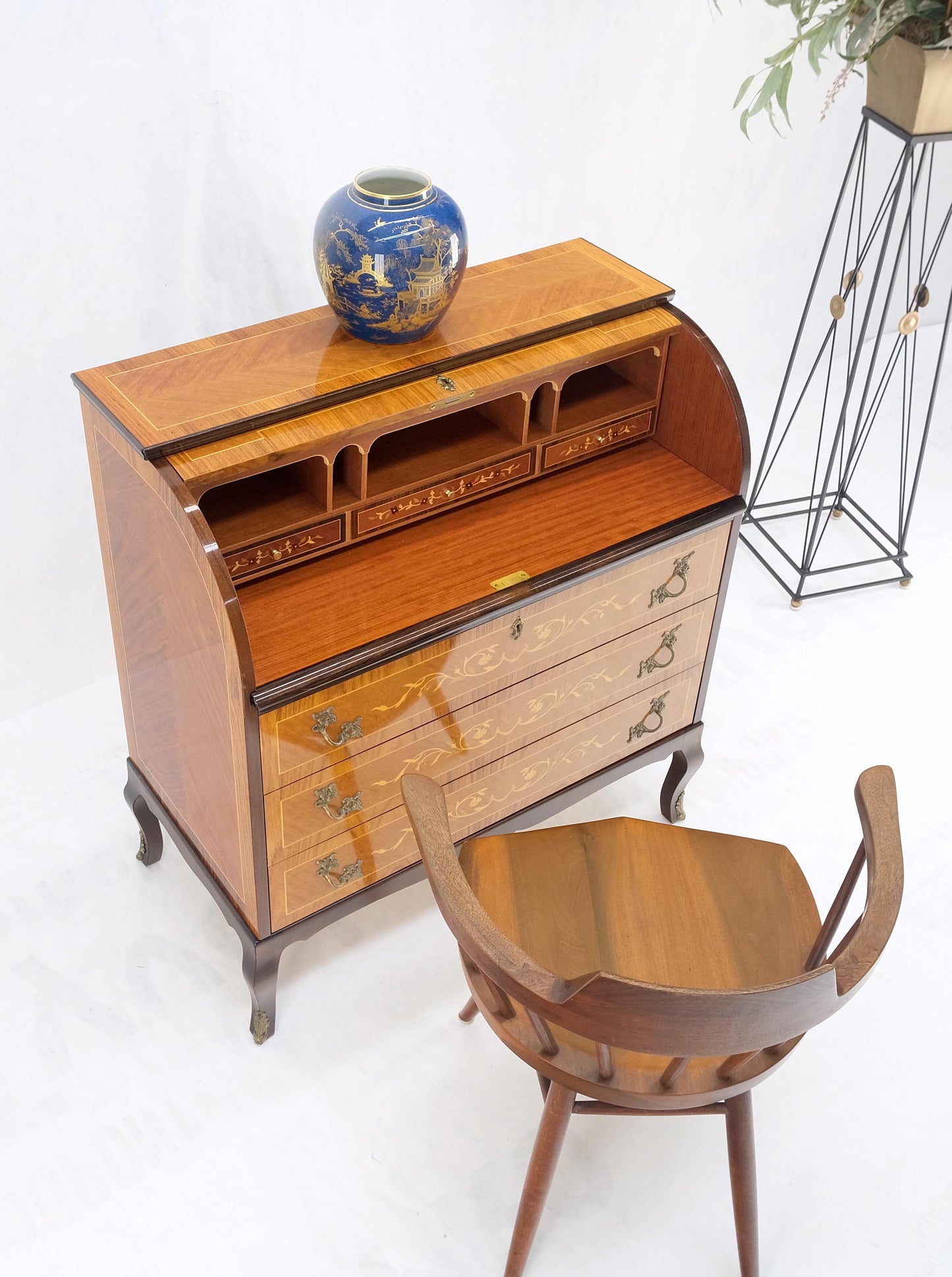 Italian Inlaid Satinwood Cylinder Top Secretary Desk Chest Drawers Dresser Mint!