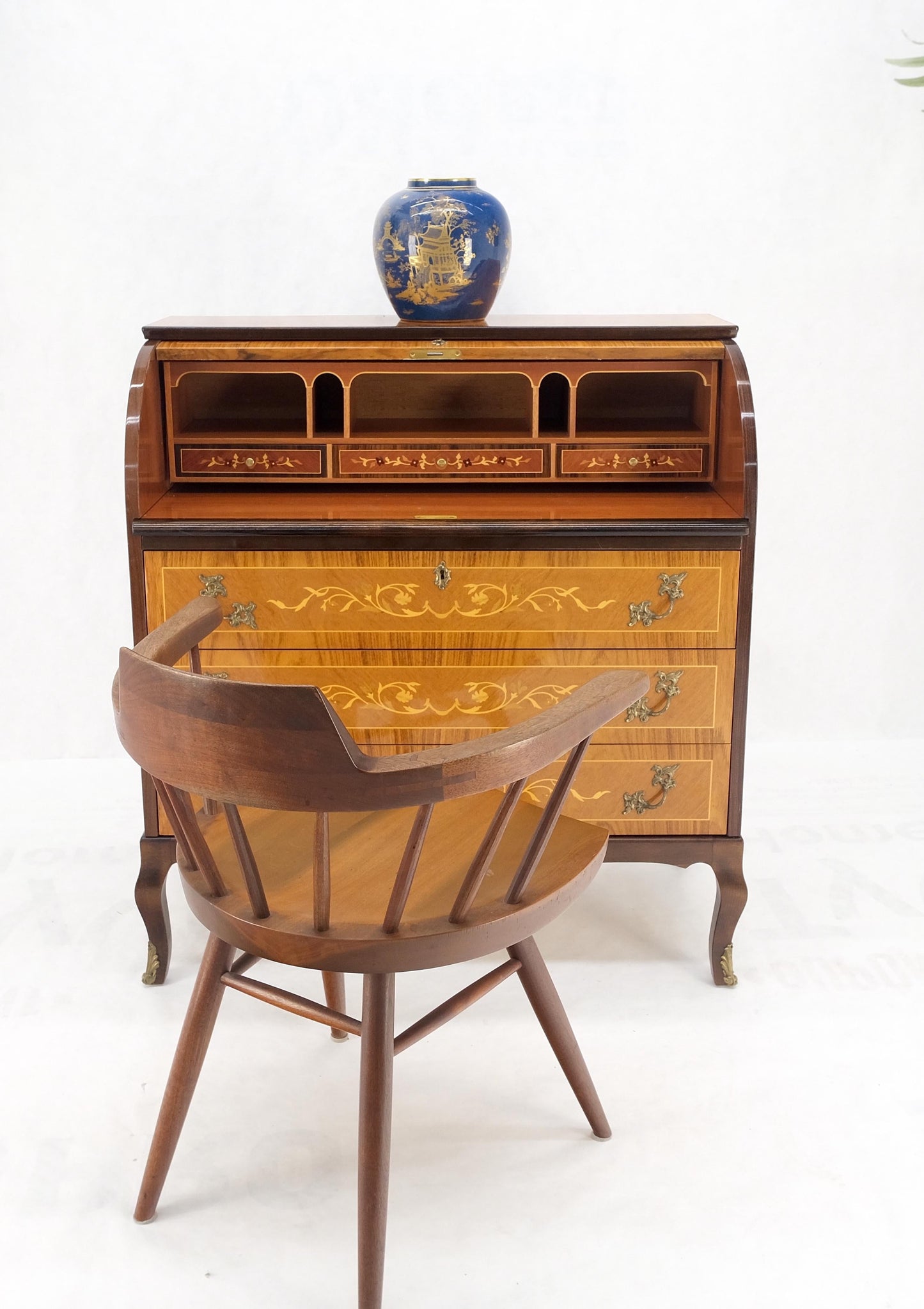 Italian Inlaid Satinwood Cylinder Top Secretary Desk Chest Drawers Dresser Mint!
