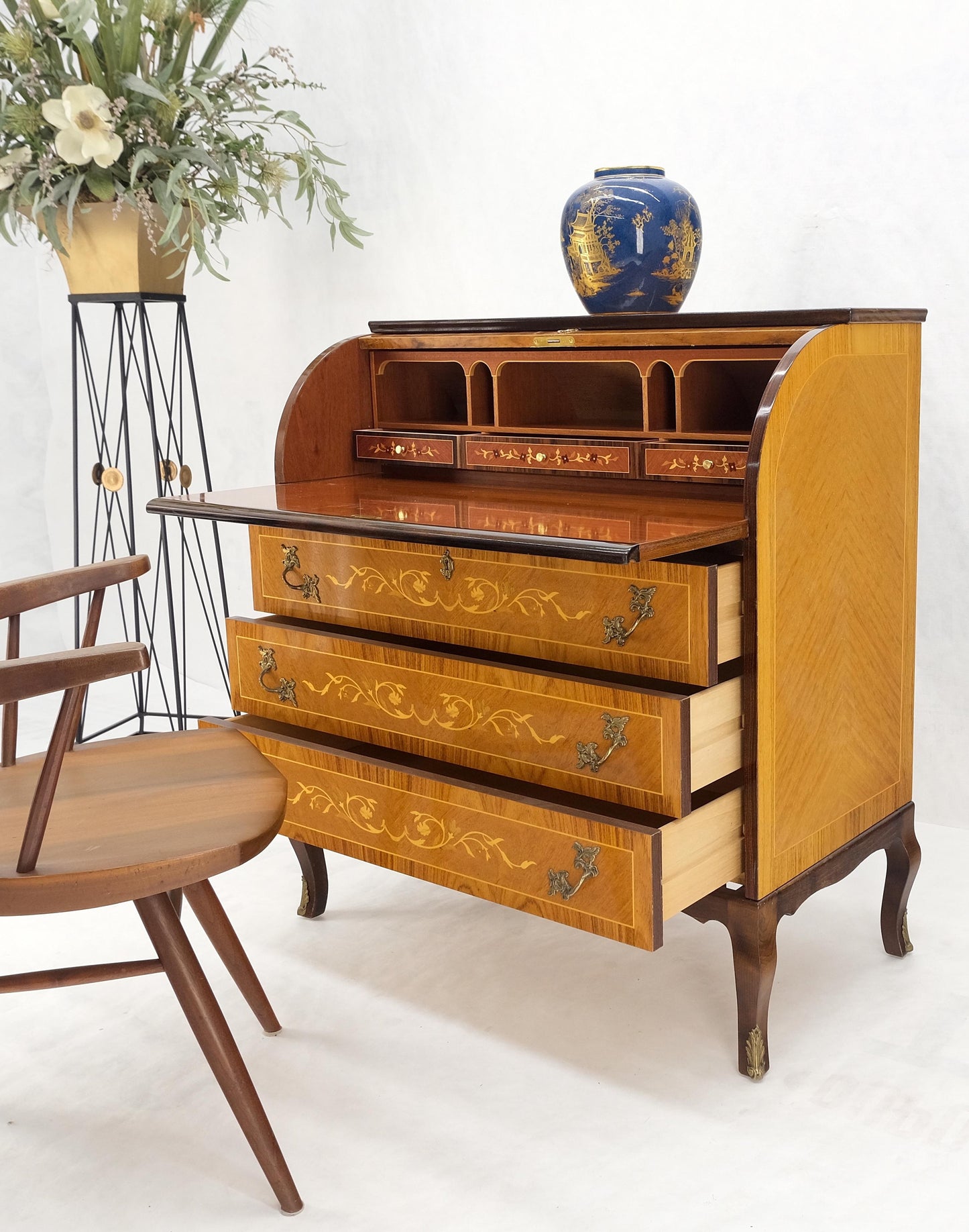 Italian Inlaid Satinwood Cylinder Top Secretary Desk Chest Drawers Dresser Mint!