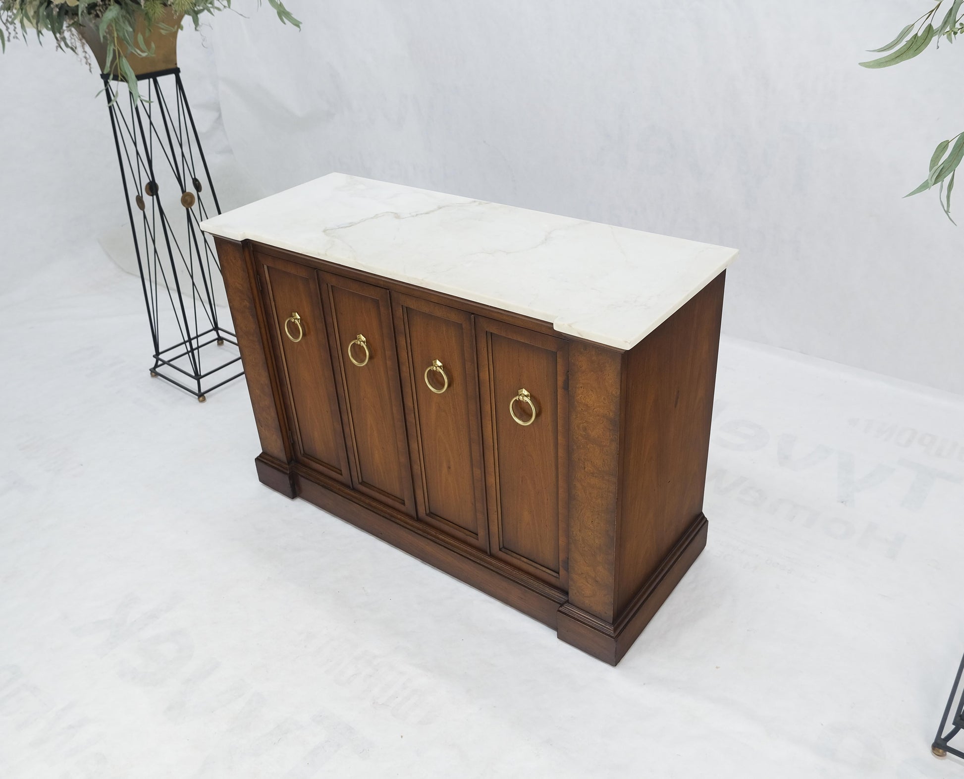 Marble Top Round Brass Ring Drop Pulls Hardware Burl Wood Double Door Credenza
