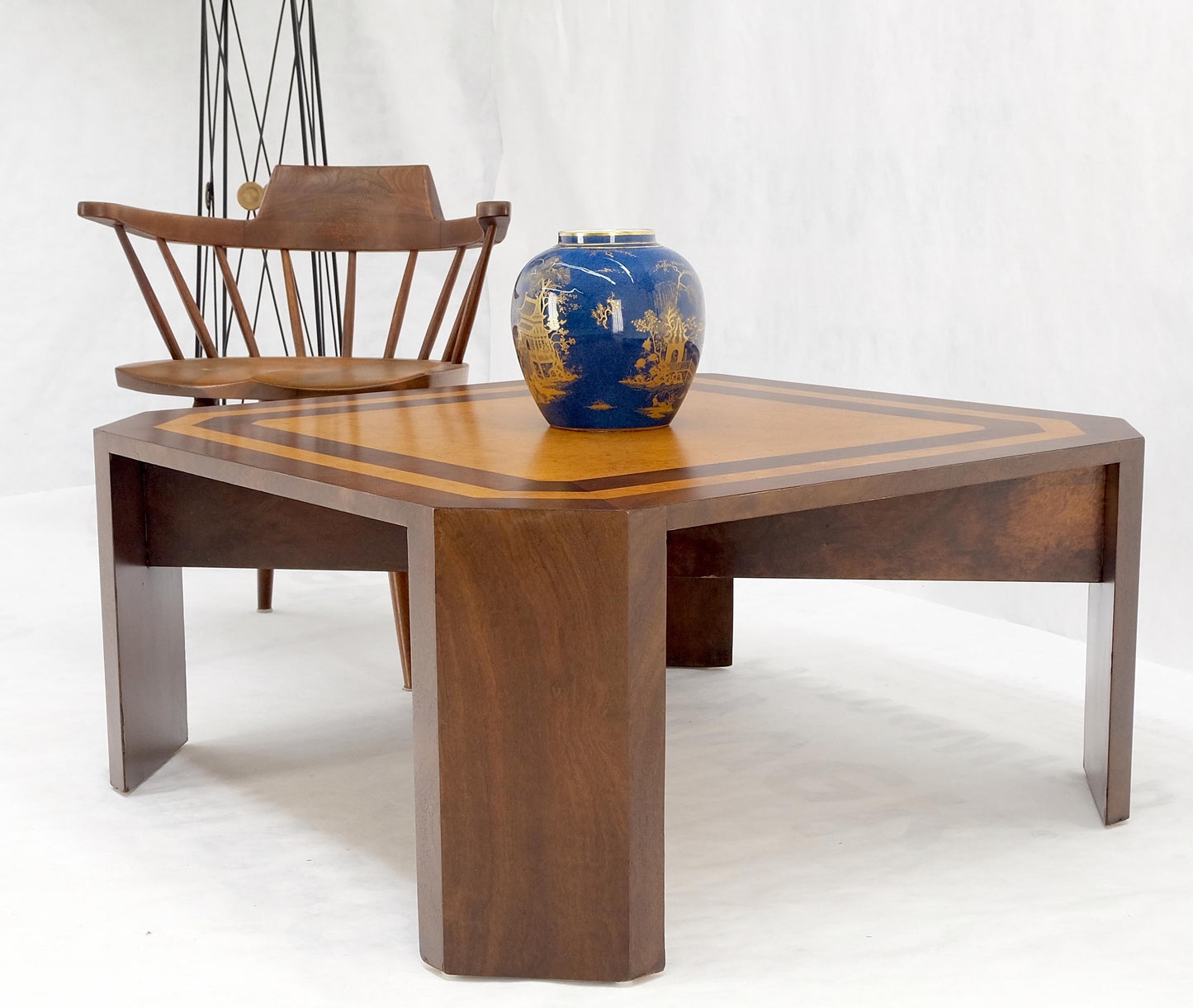 EstablishedLines Burl Walnut Birdseye Maple Two Tone Square Cut Corner Coffee Center Table MINT!