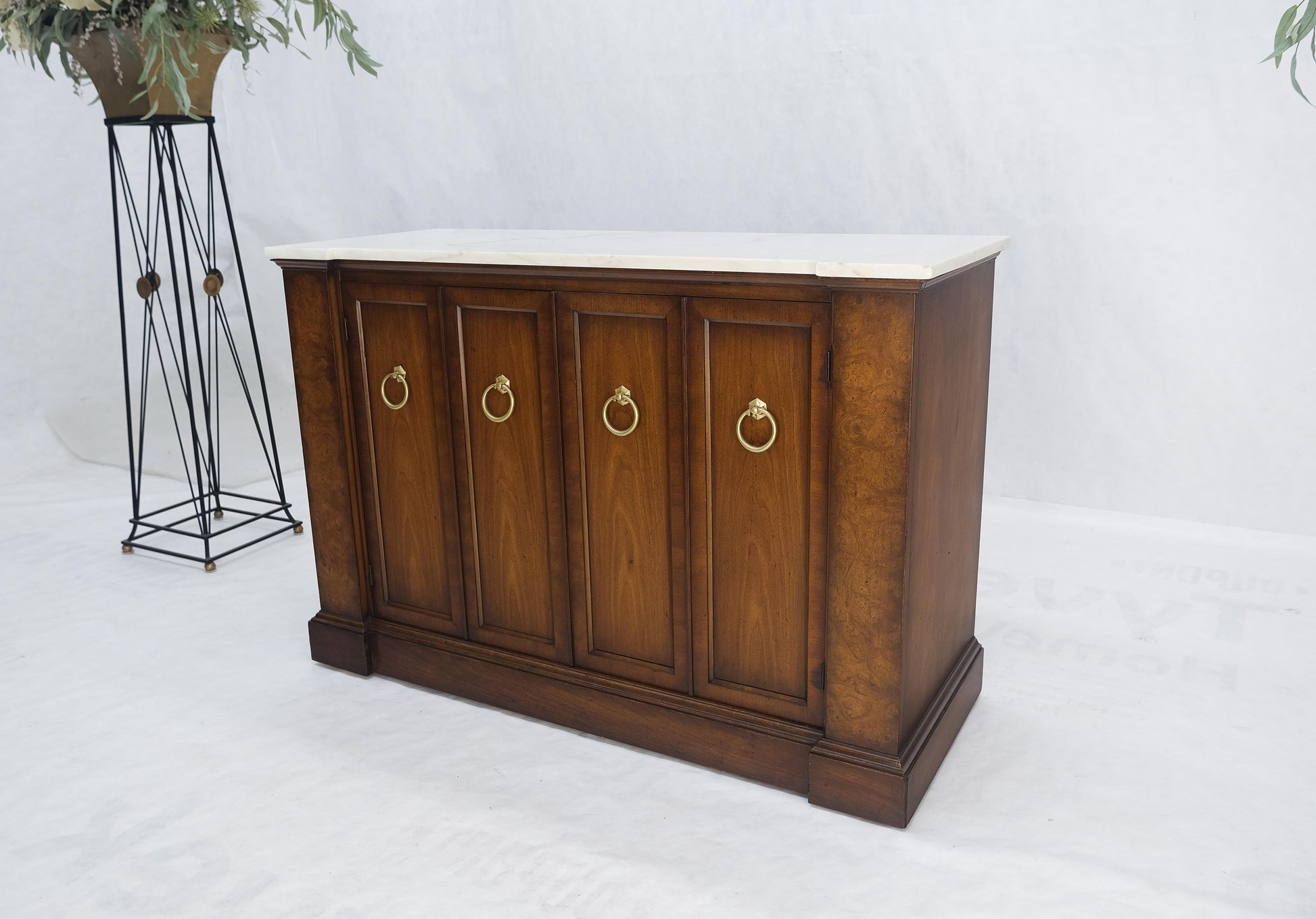 Marble Top Round Brass Ring Drop Pulls Hardware Burl Wood Double Door Credenza