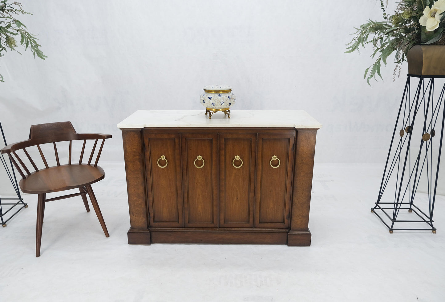 Marble Top Round Brass Ring Drop Pulls Hardware Burl Wood Double Door Credenza