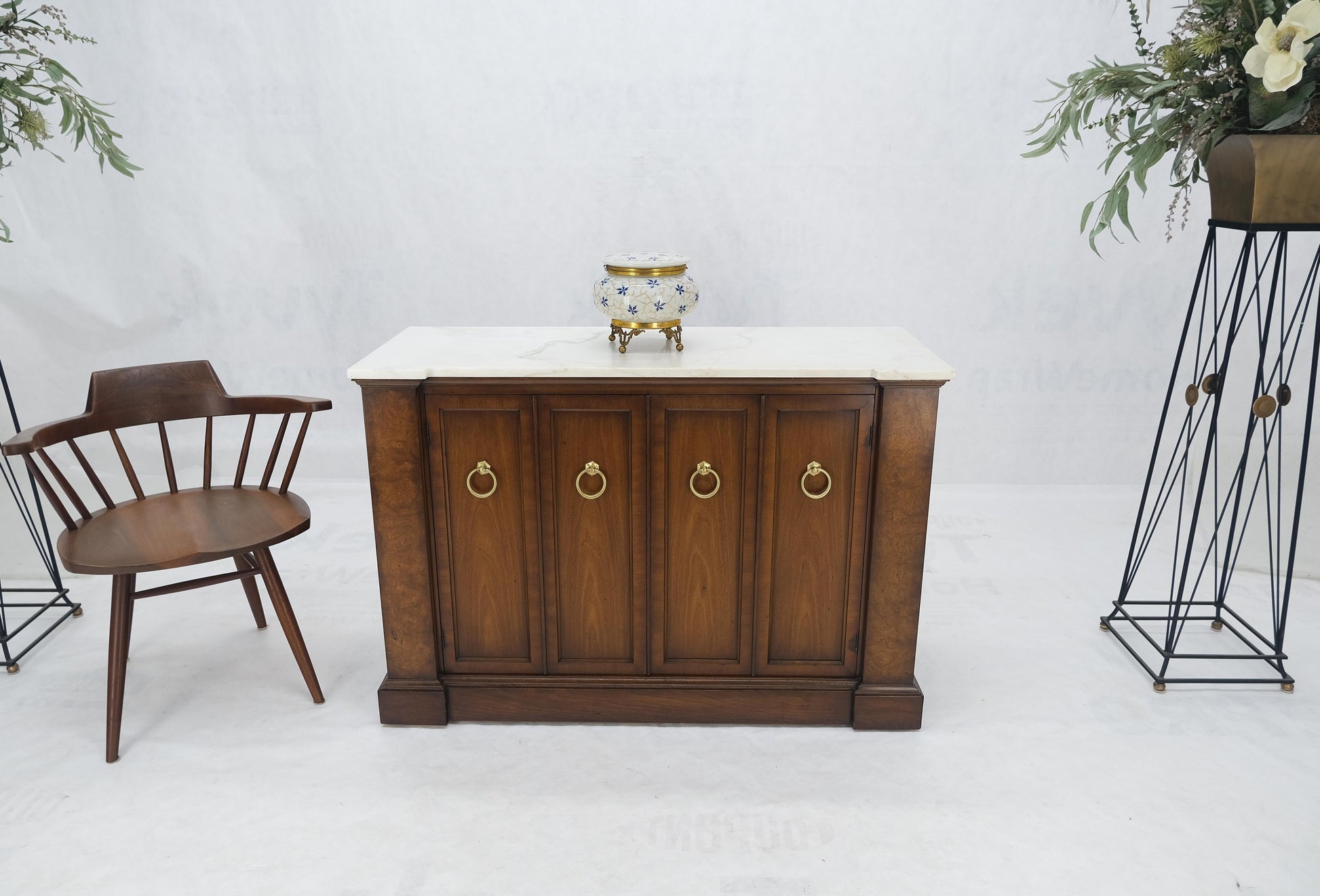 Marble Top Round Brass Ring Drop Pulls Hardware Burl Wood Double Door Credenza