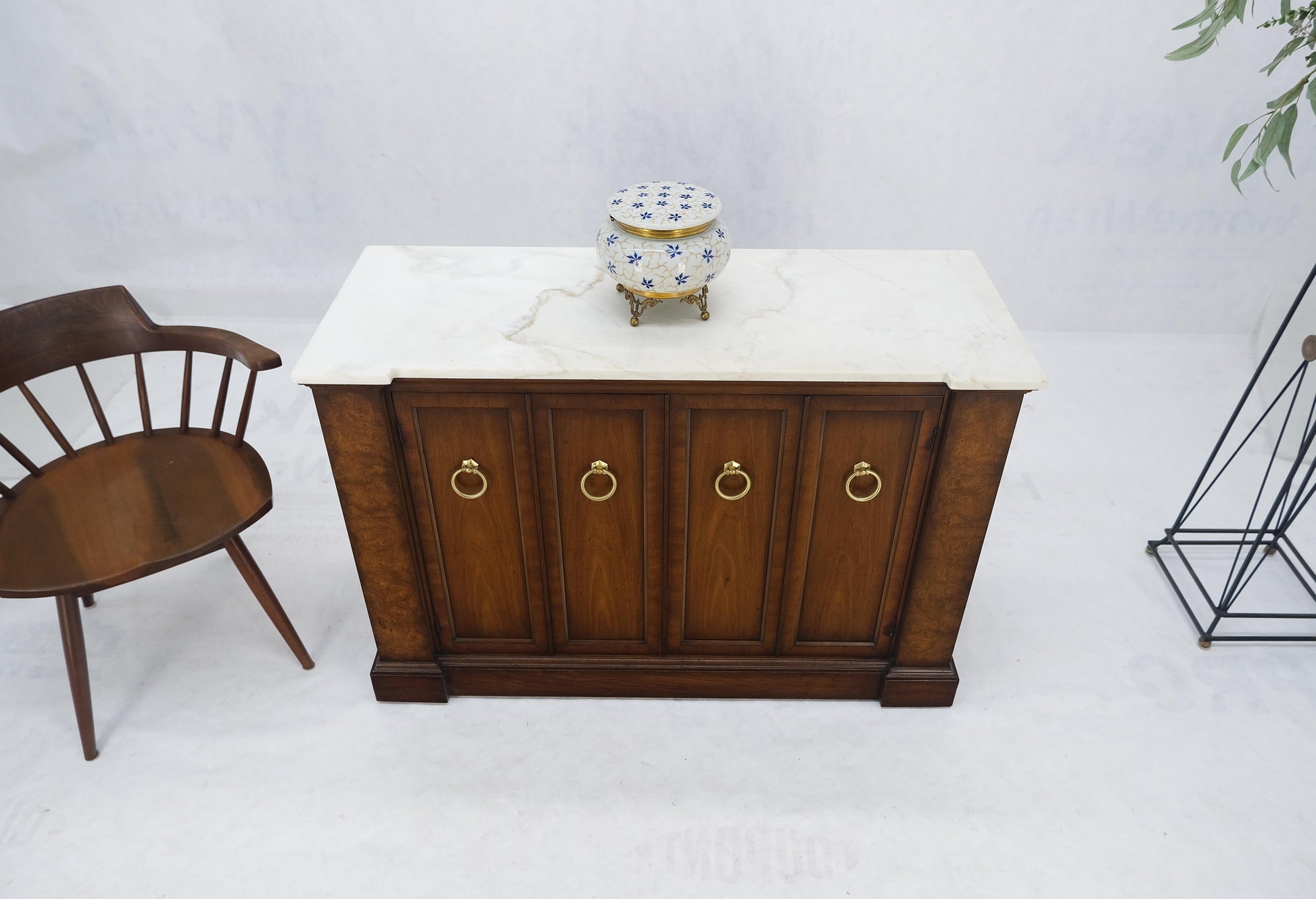 Marble Top Round Brass Ring Drop Pulls Hardware Burl Wood Double Door Credenza