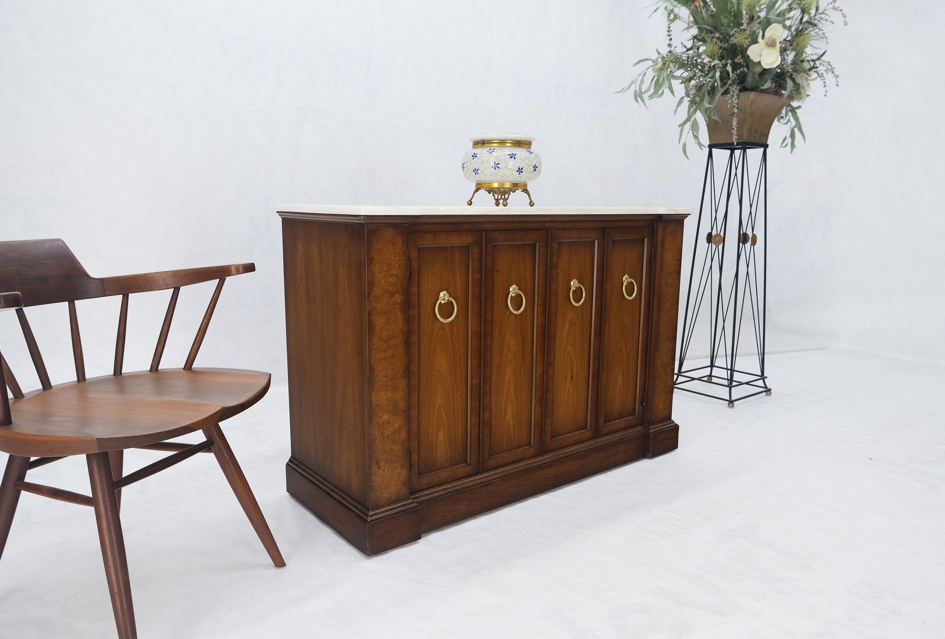 Marble Top Round Brass Ring Drop Pulls Hardware Burl Wood Double Door Credenza