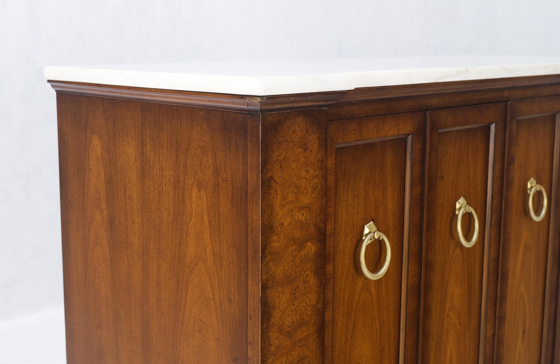 Marble Top Round Brass Ring Drop Pulls Hardware Burl Wood Double Door Credenza