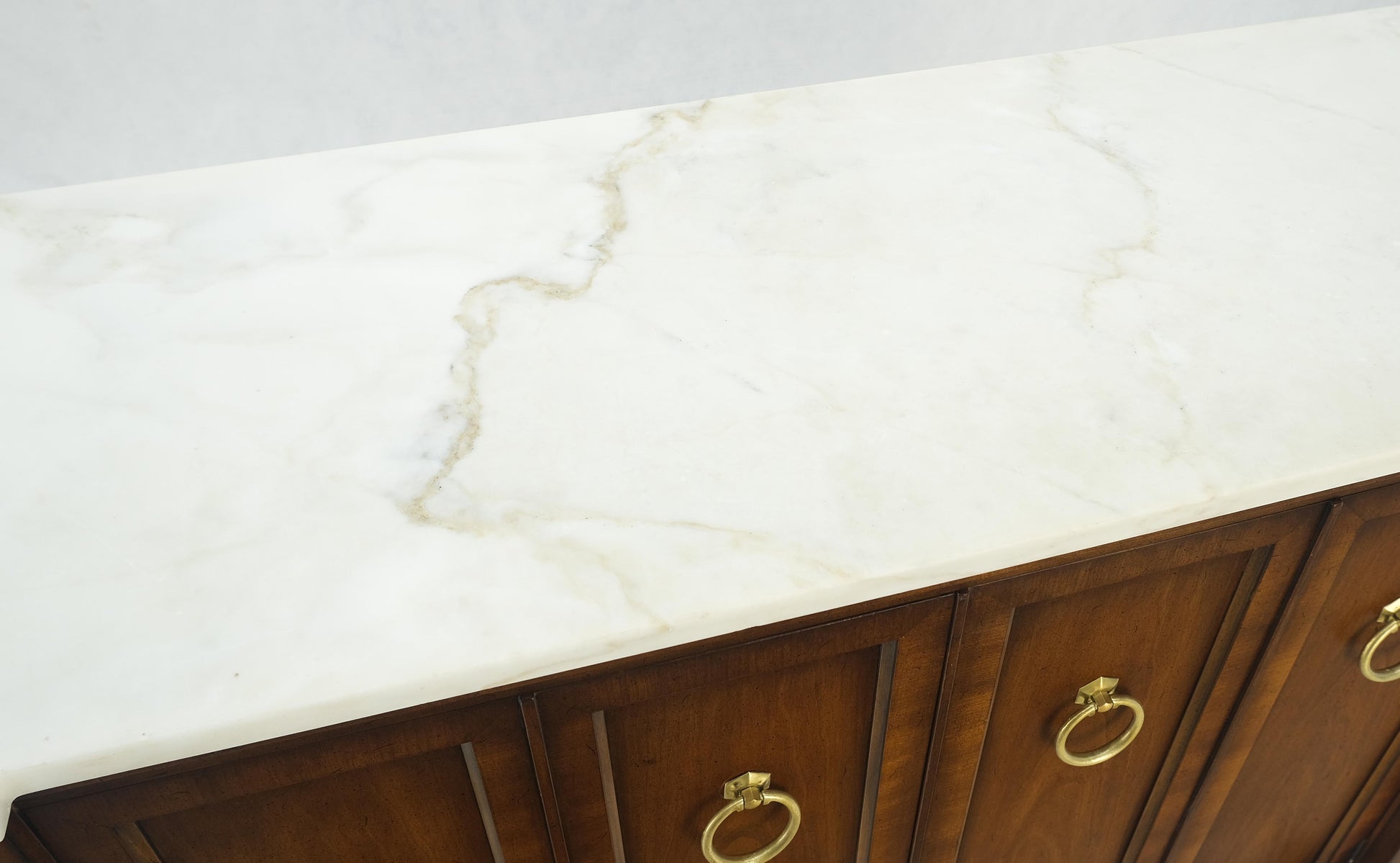 Marble Top Round Brass Ring Drop Pulls Hardware Burl Wood Double Door Credenza