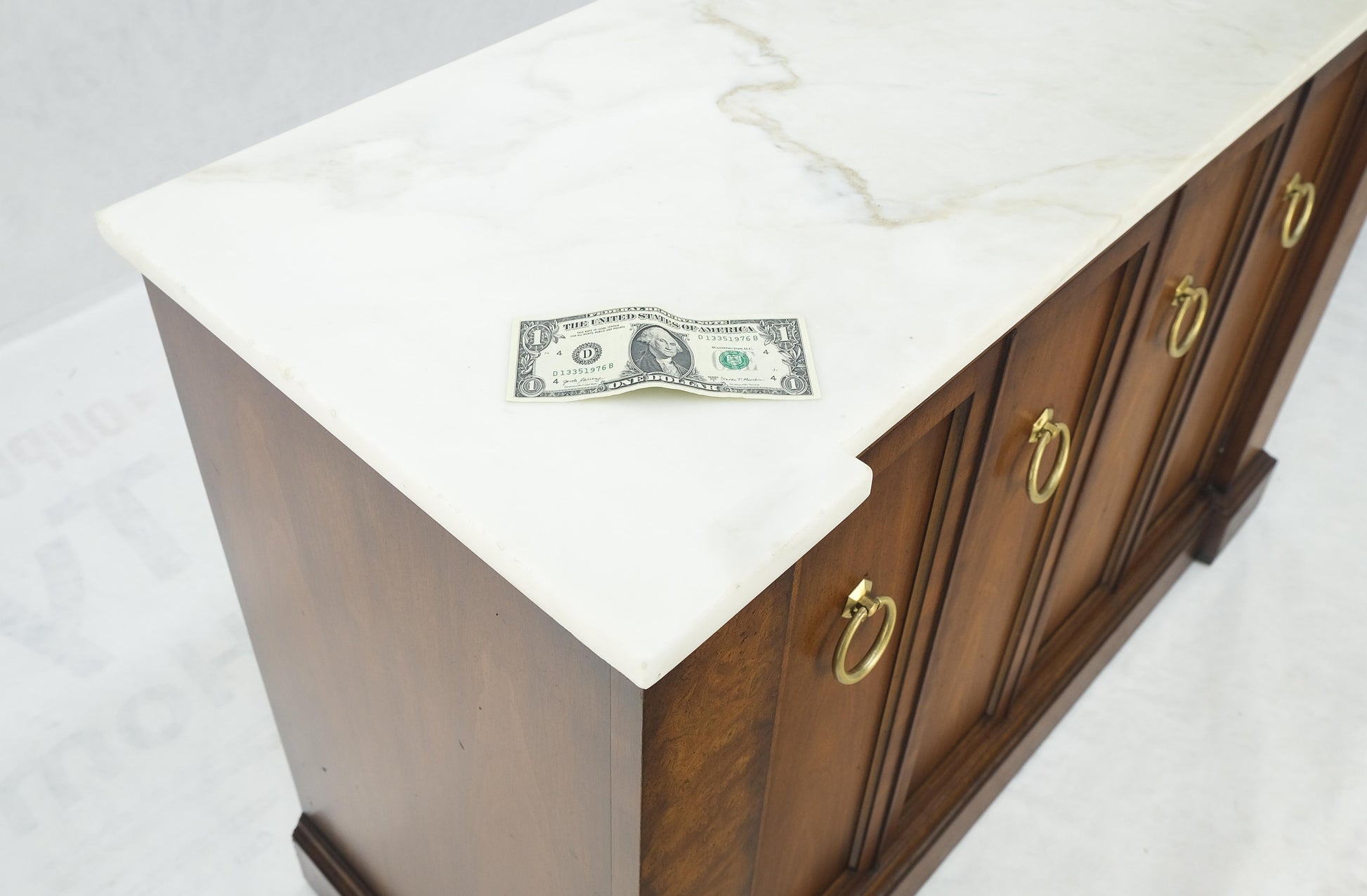 Marble Top Round Brass Ring Drop Pulls Hardware Burl Wood Double Door Credenza