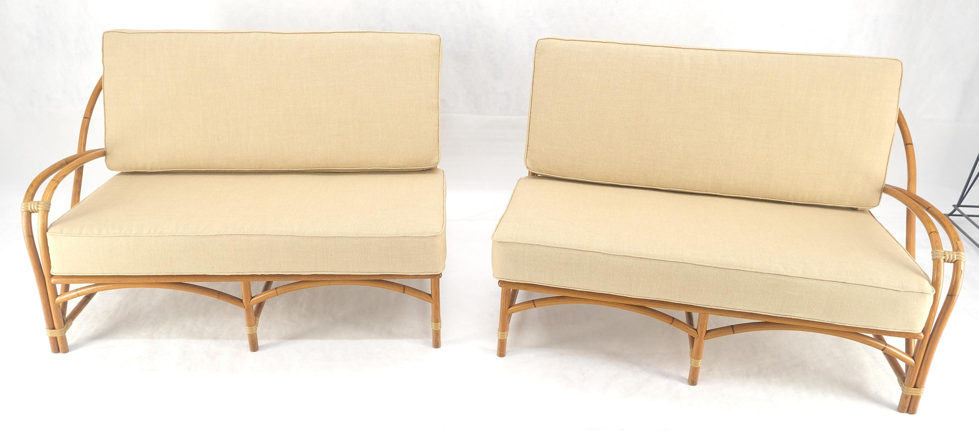 EstablishedLines New Gold Linen Upholstery Bamboo 2 Part Sectional Sofa c1970s MINT!
