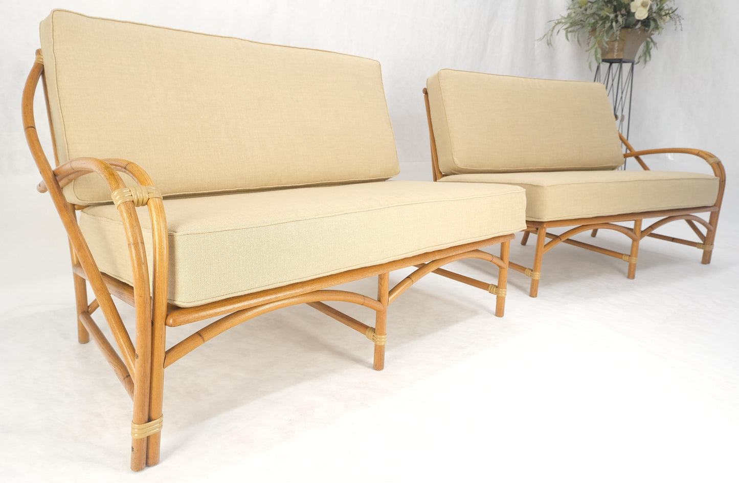 EstablishedLines New Gold Linen Upholstery Bamboo 2 Part Sectional Sofa c1970s MINT!