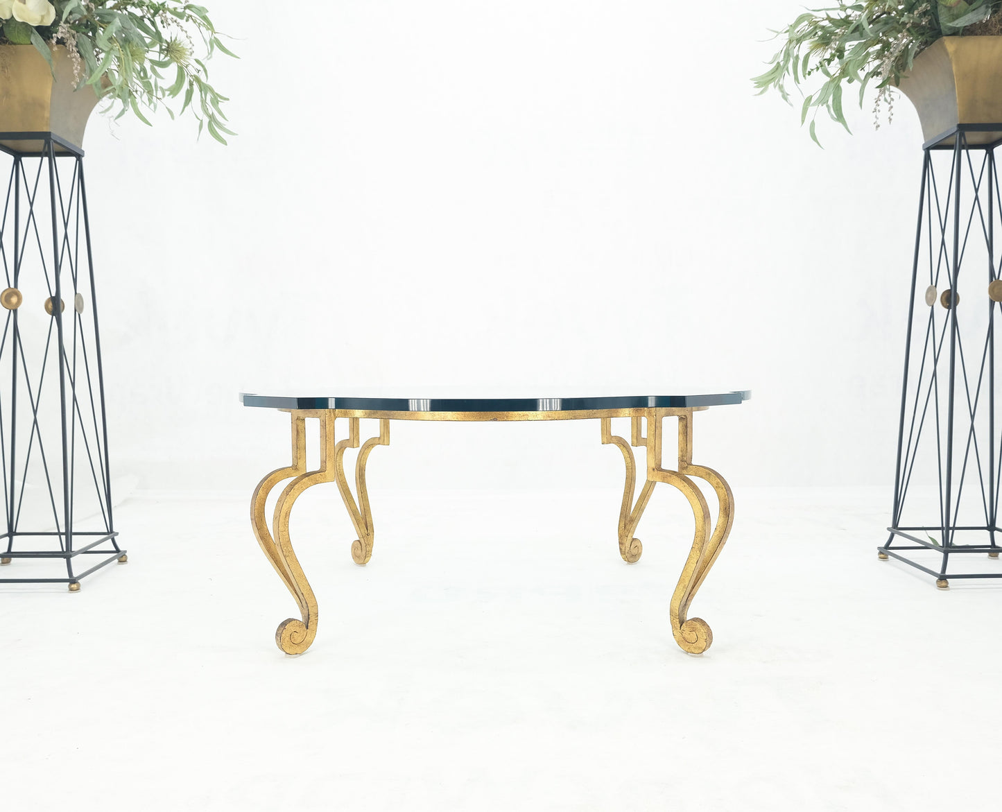 EstablishedLines Forged Metal Gilt Wrought Iron Scroll Leg Base 3/4" Glass Top Round Coffee Table