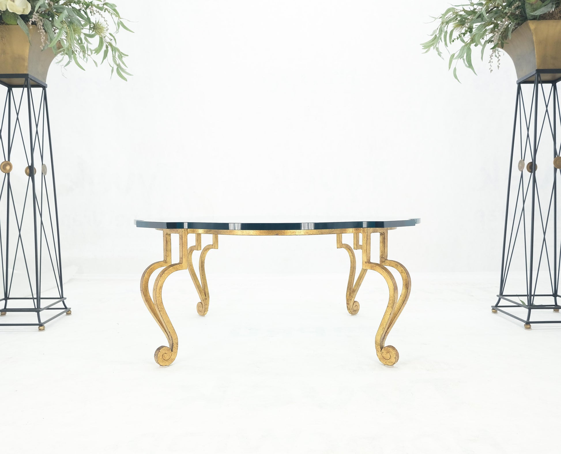 EstablishedLines Forged Metal Gilt Wrought Iron Scroll Leg Base 3/4" Glass Top Round Coffee Table