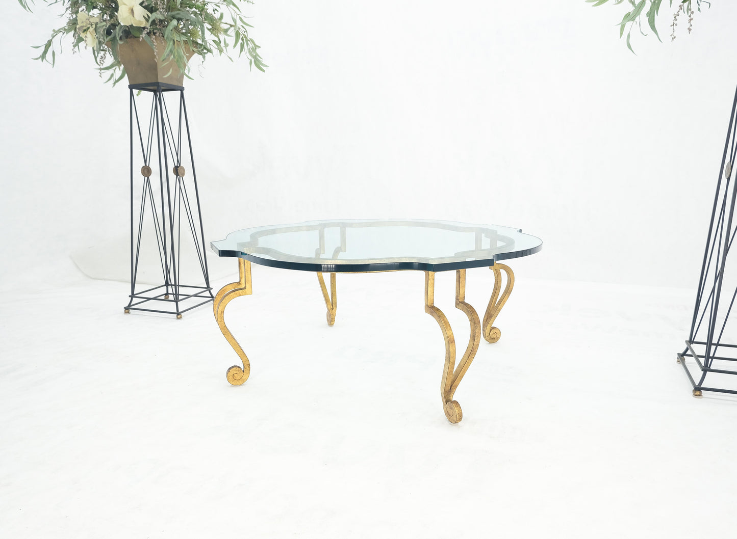 EstablishedLines Forged Metal Gilt Wrought Iron Scroll Leg Base 3/4" Glass Top Round Coffee Table