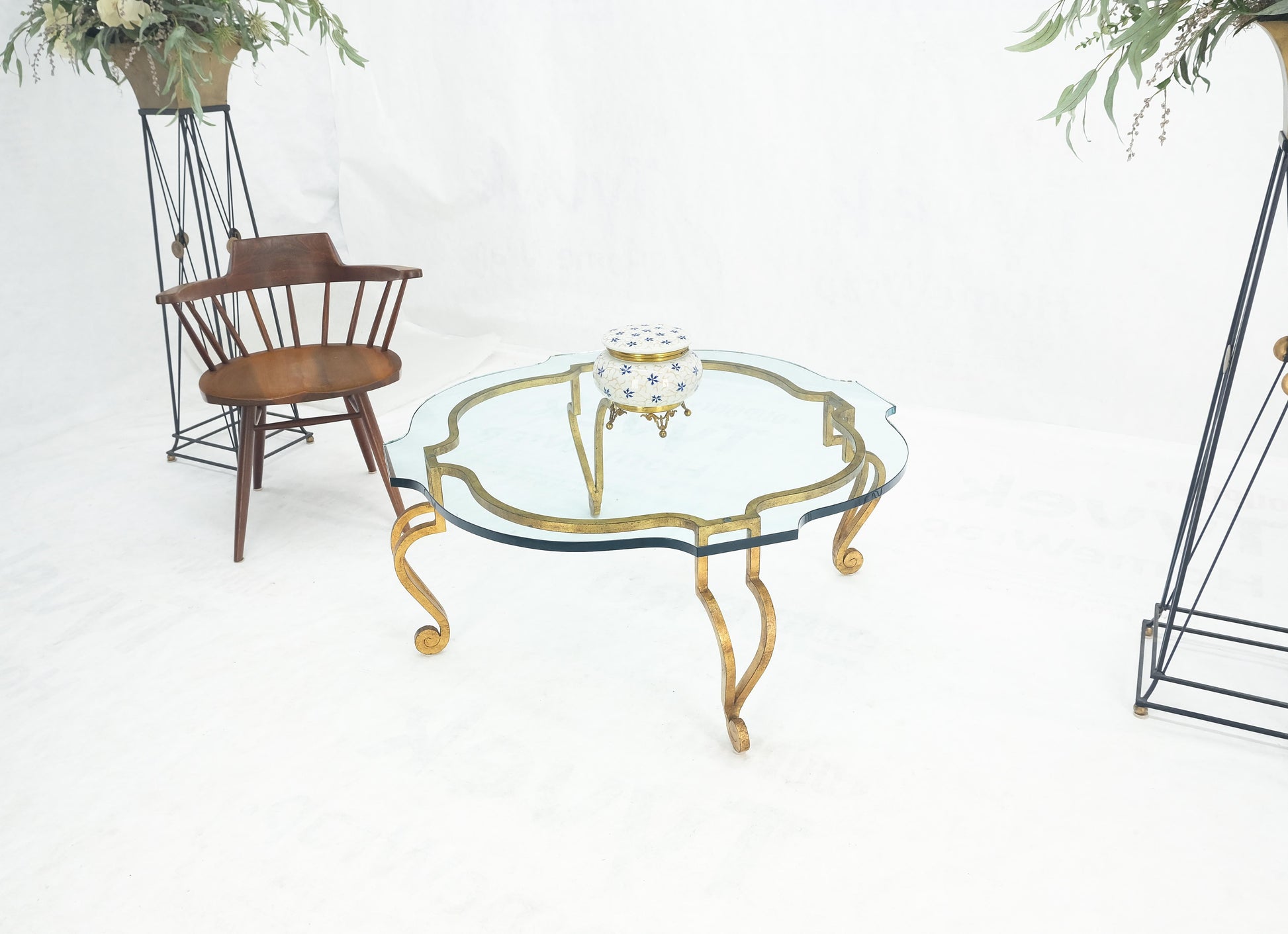 EstablishedLines Forged Metal Gilt Wrought Iron Scroll Leg Base 3/4" Glass Top Round Coffee Table