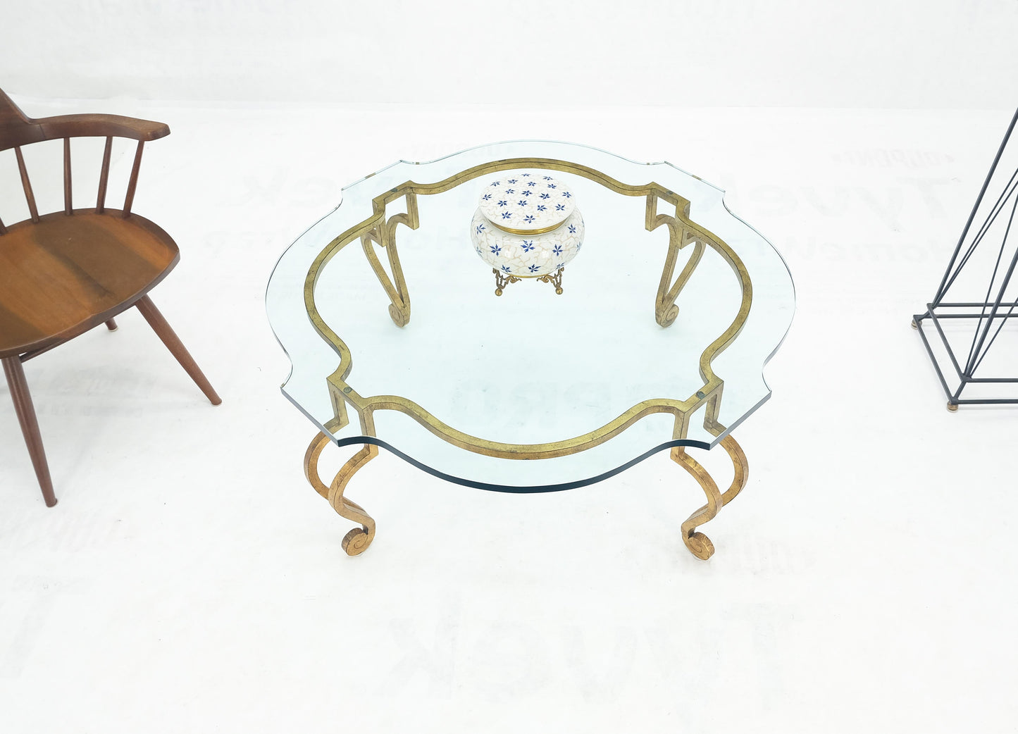 EstablishedLines Forged Metal Gilt Wrought Iron Scroll Leg Base 3/4" Glass Top Round Coffee Table