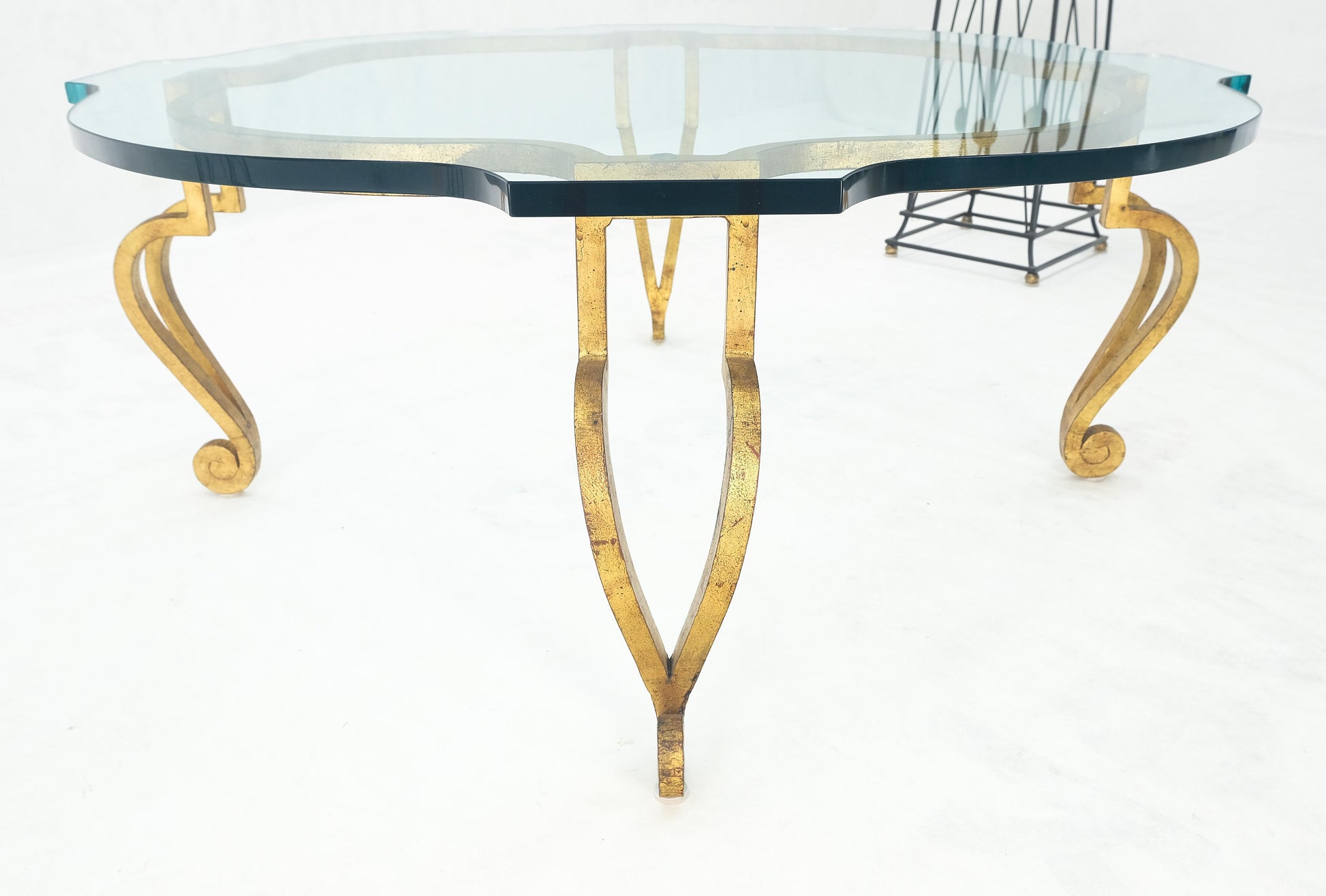 EstablishedLines Forged Metal Gilt Wrought Iron Scroll Leg Base 3/4" Glass Top Round Coffee Table