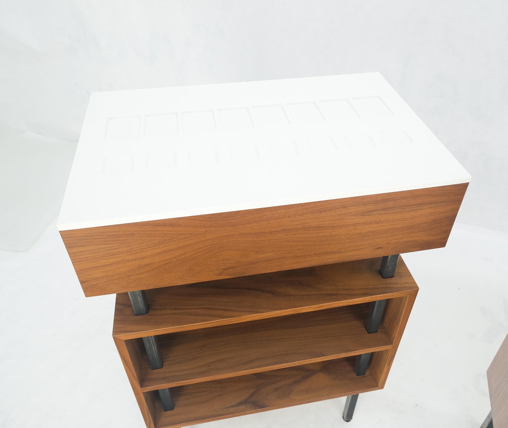 EstablishedLines Pair of Oiled Walnut 1 Drawer 3 Tier Side End Tables Stands Composite Top Mint!