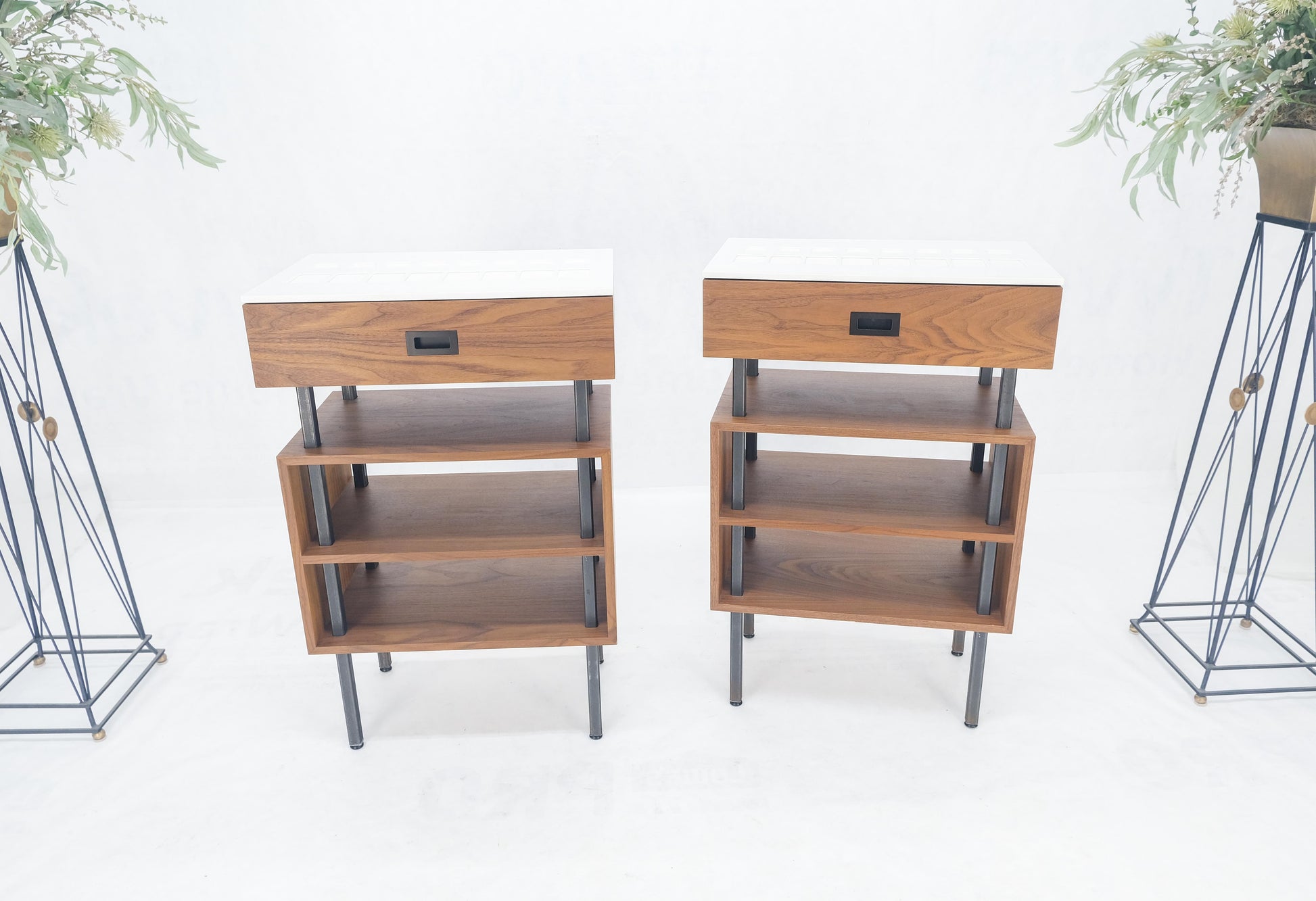 EstablishedLines Pair of Oiled Walnut 1 Drawer 3 Tier Side End Tables Stands Composite Top Mint!