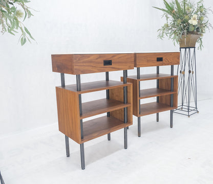 EstablishedLines Pair of Oiled Walnut 1 Drawer 3 Tier Side End Tables Stands Composite Top Mint!
