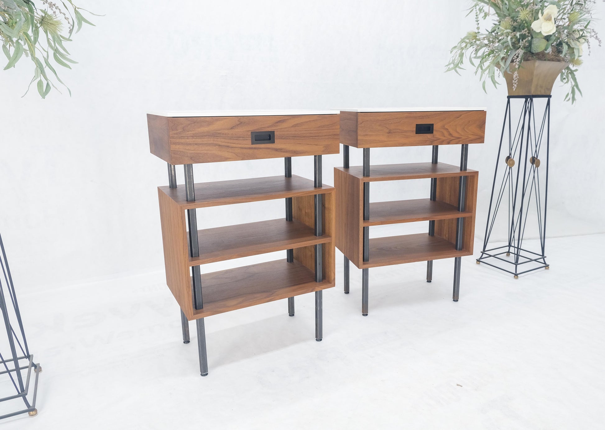 EstablishedLines Pair of Oiled Walnut 1 Drawer 3 Tier Side End Tables Stands Composite Top Mint!