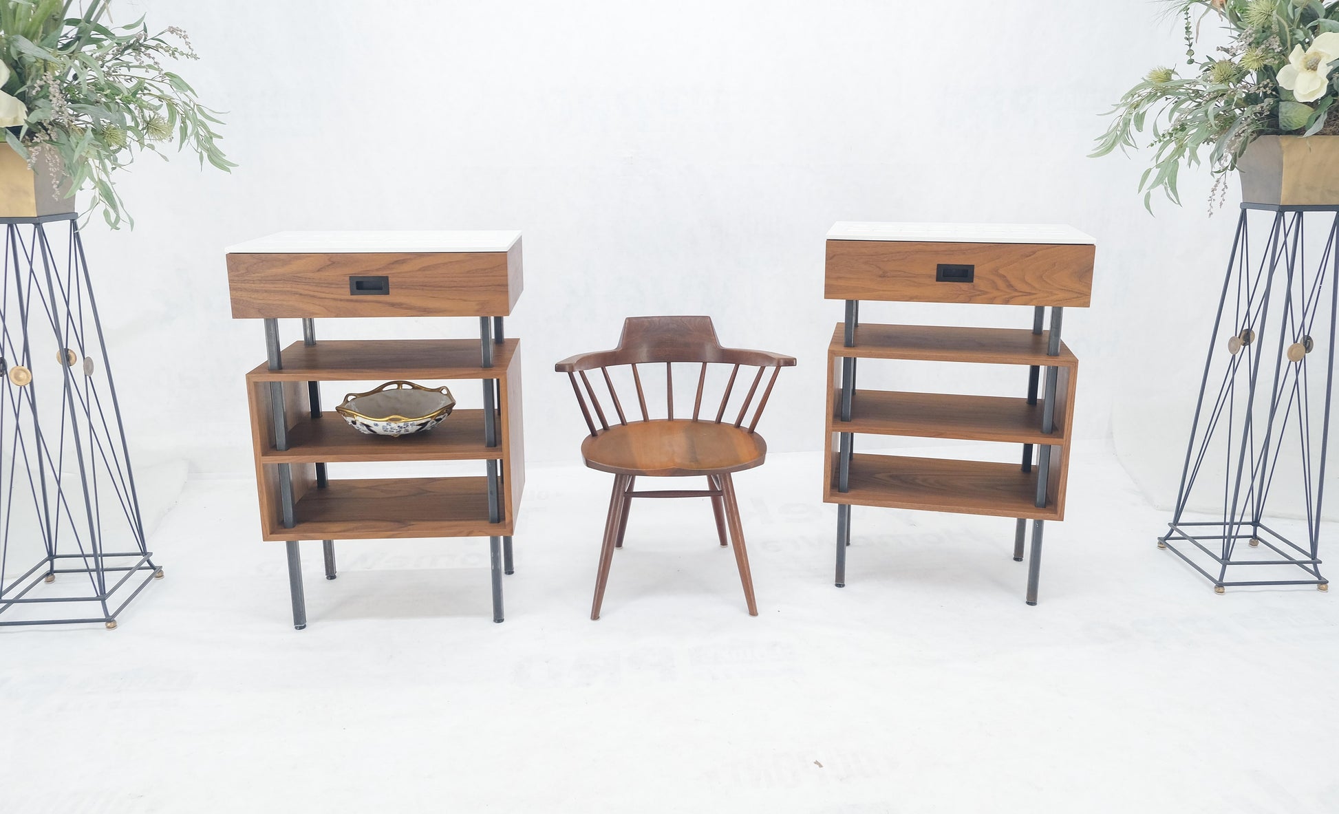 EstablishedLines Pair of Oiled Walnut 1 Drawer 3 Tier Side End Tables Stands Composite Top Mint!