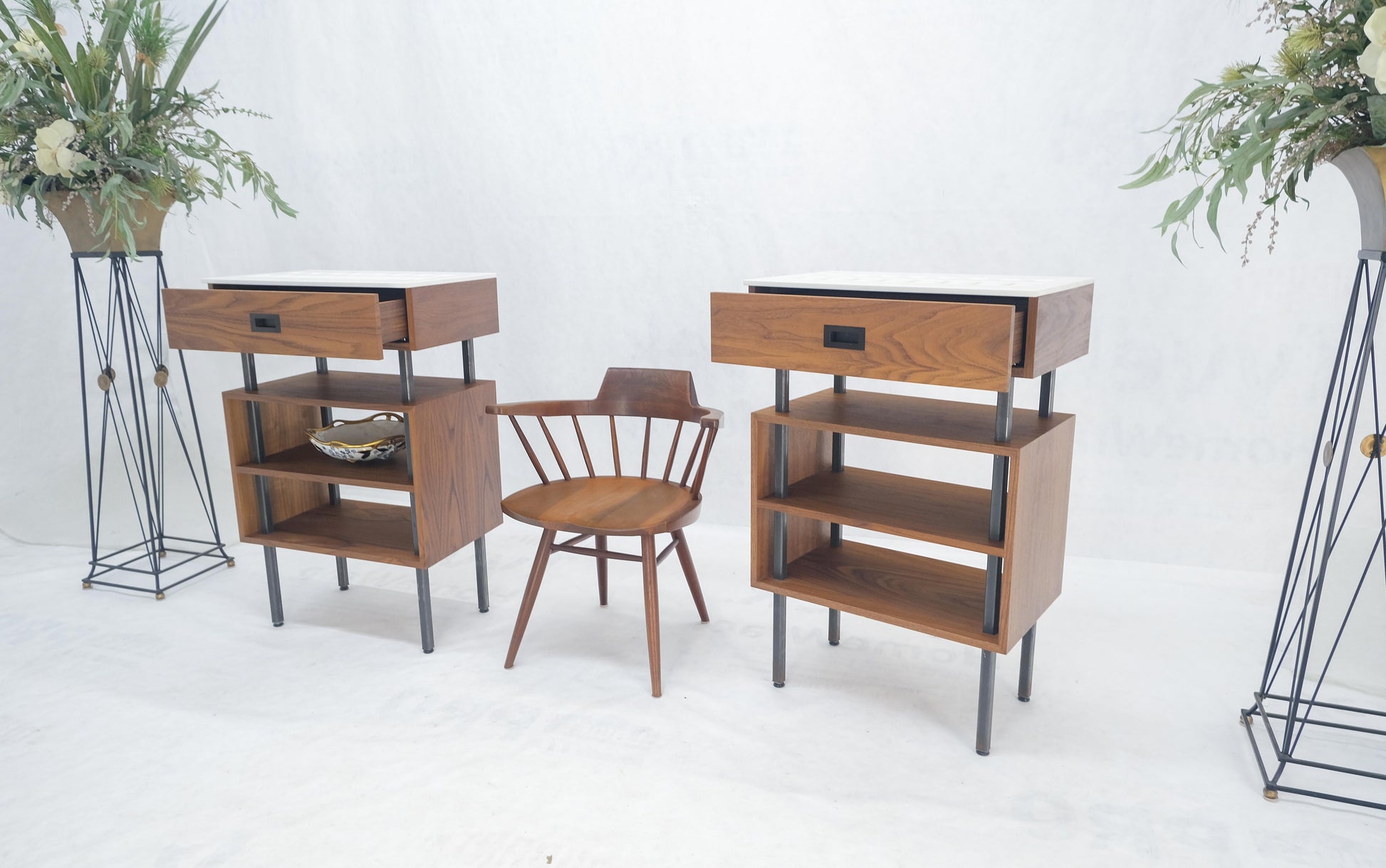EstablishedLines Pair of Oiled Walnut 1 Drawer 3 Tier Side End Tables Stands Composite Top Mint!