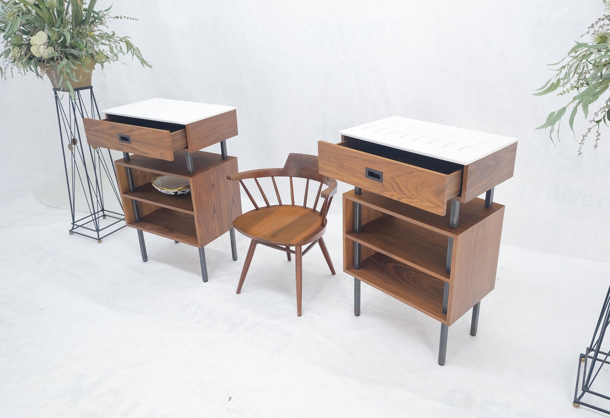EstablishedLines Pair of Oiled Walnut 1 Drawer 3 Tier Side End Tables Stands Composite Top Mint!