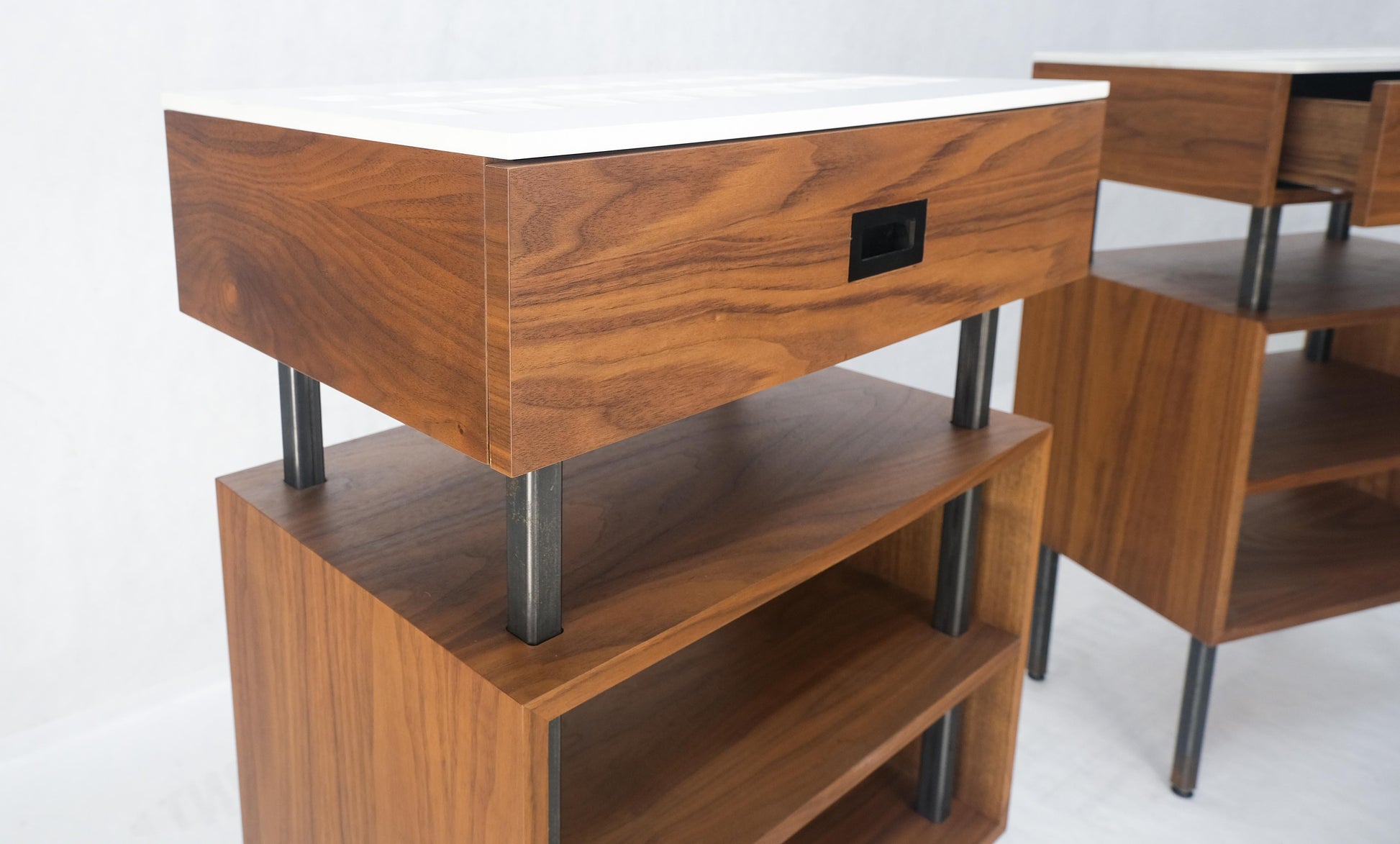 EstablishedLines Pair of Oiled Walnut 1 Drawer 3 Tier Side End Tables Stands Composite Top Mint!