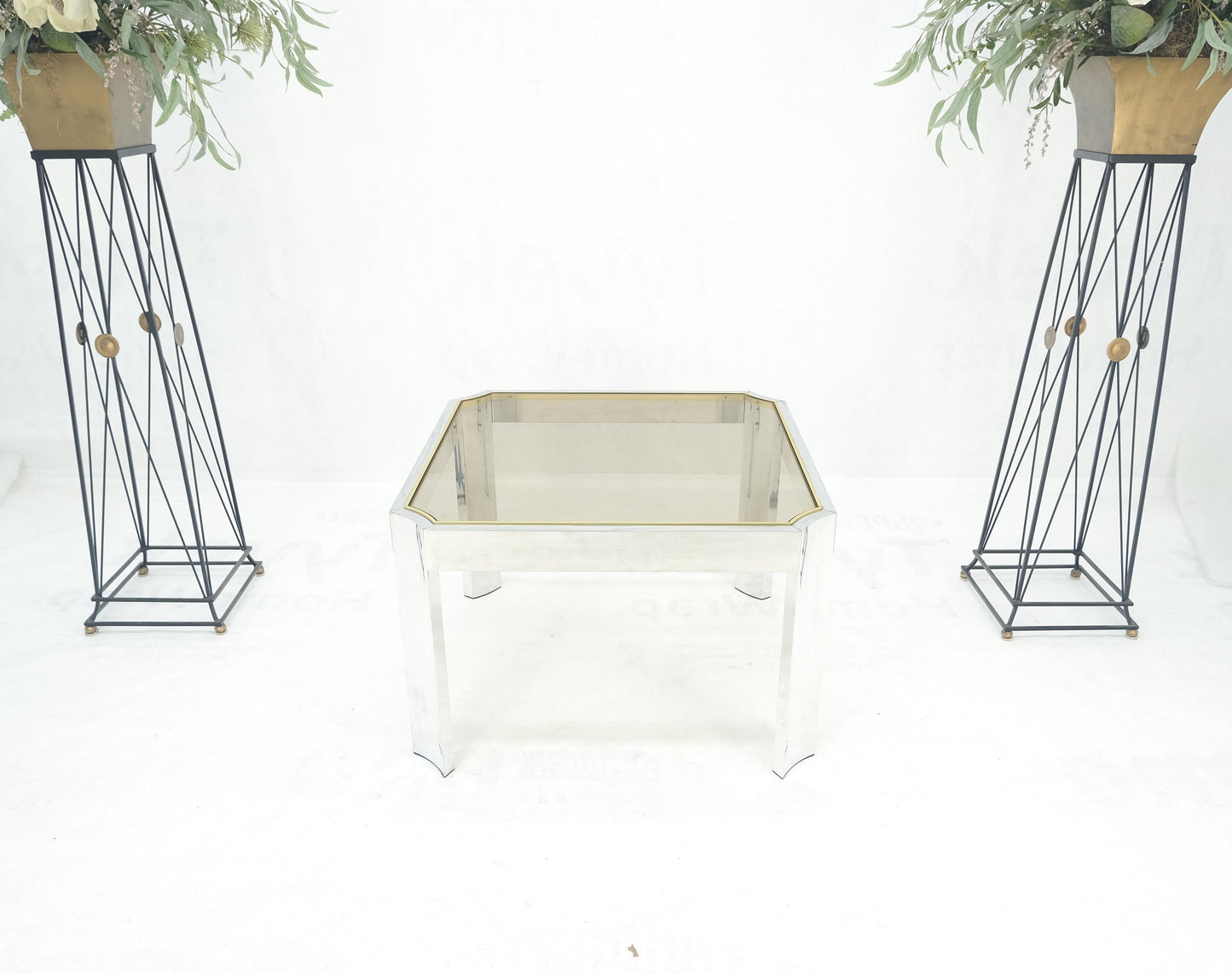 EstablishedLines Polished Aluminum Profile Brass Basel Smoked Glass Top Square Coffee Table MINT!