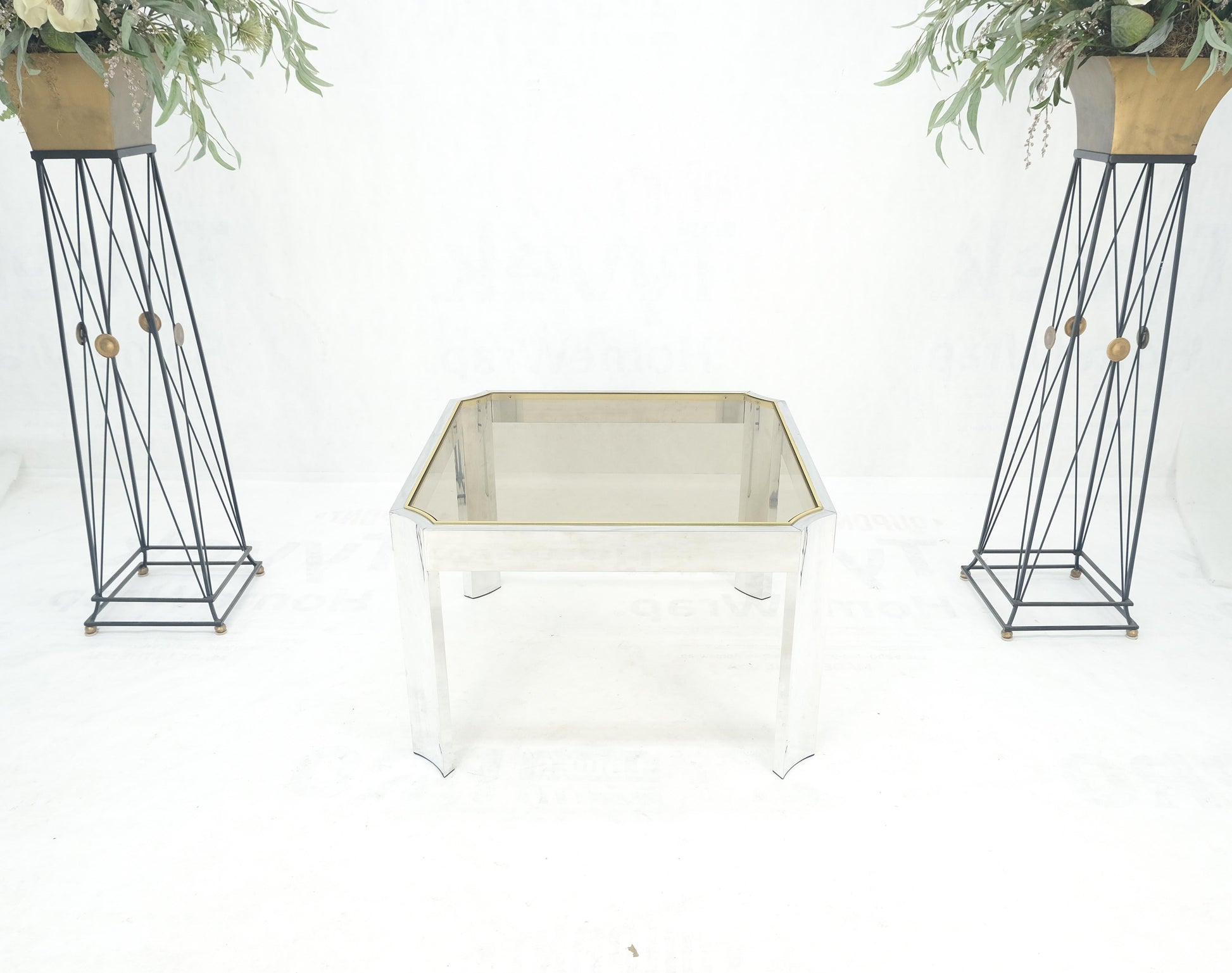 EstablishedLines Polished Aluminum Profile Brass Basel Smoked Glass Top Square Coffee Table MINT!