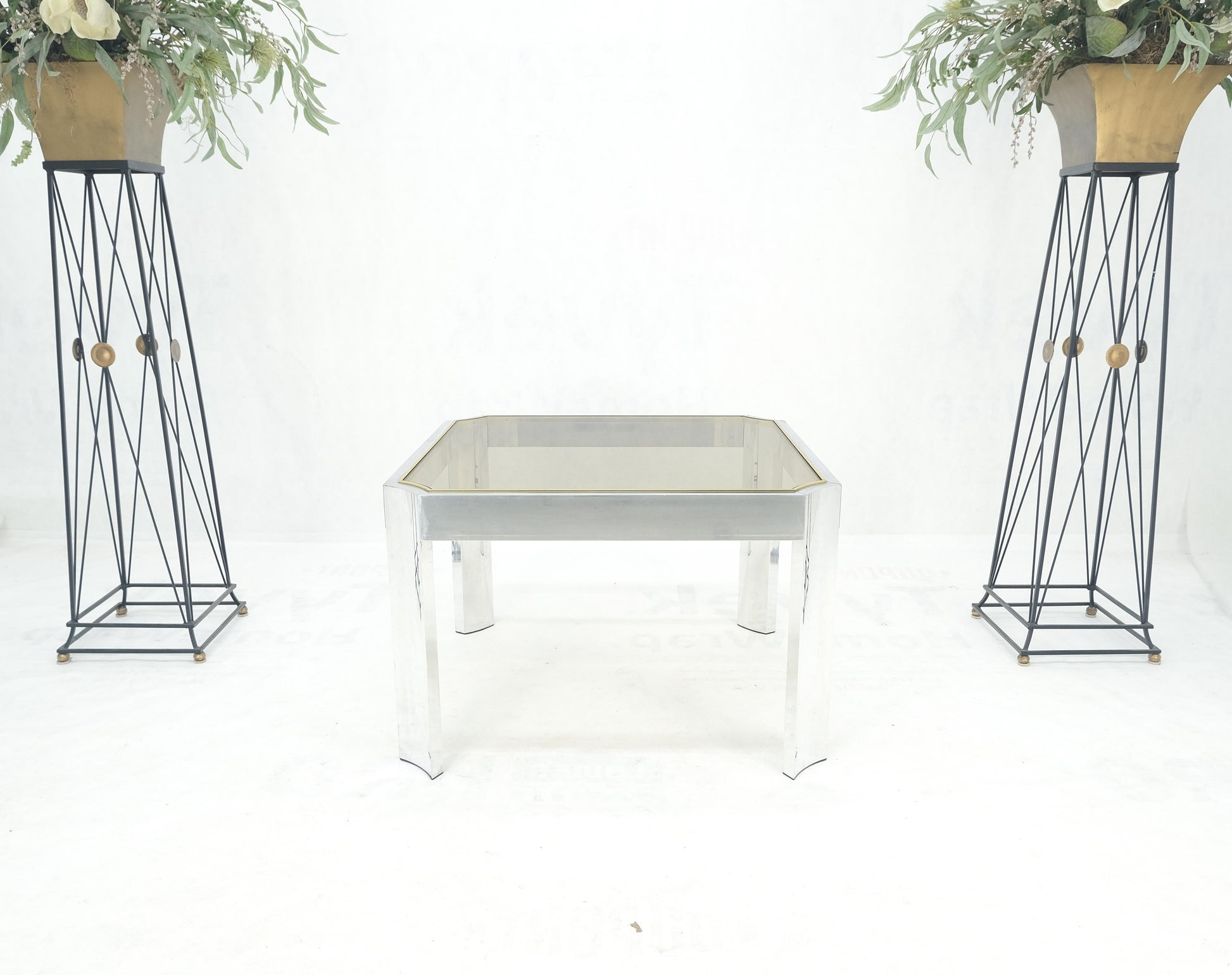 EstablishedLines Polished Aluminum Profile Brass Basel Smoked Glass Top Square Coffee Table MINT!