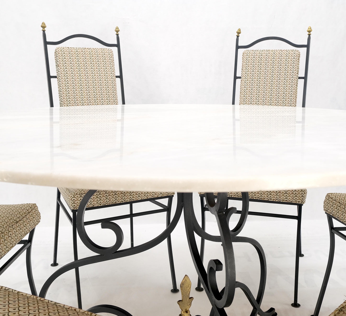 Wrough Iron Round White Marble Top Dining Table 6 Chairs w/ Brass Finials Set