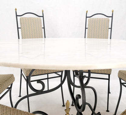 Wrough Iron Round White Marble Top Dining Table 6 Chairs w/ Brass Finials Set
