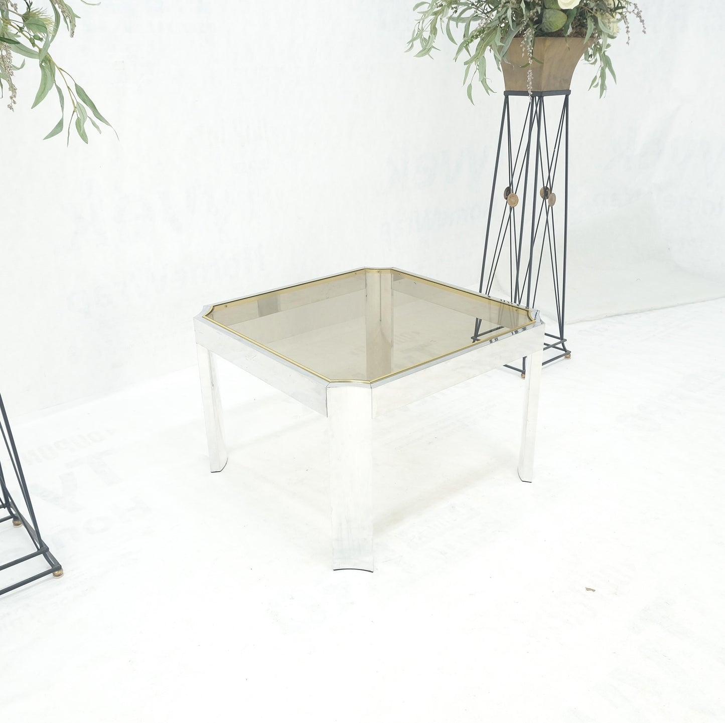 EstablishedLines Polished Aluminum Profile Brass Basel Smoked Glass Top Square Coffee Table MINT!
