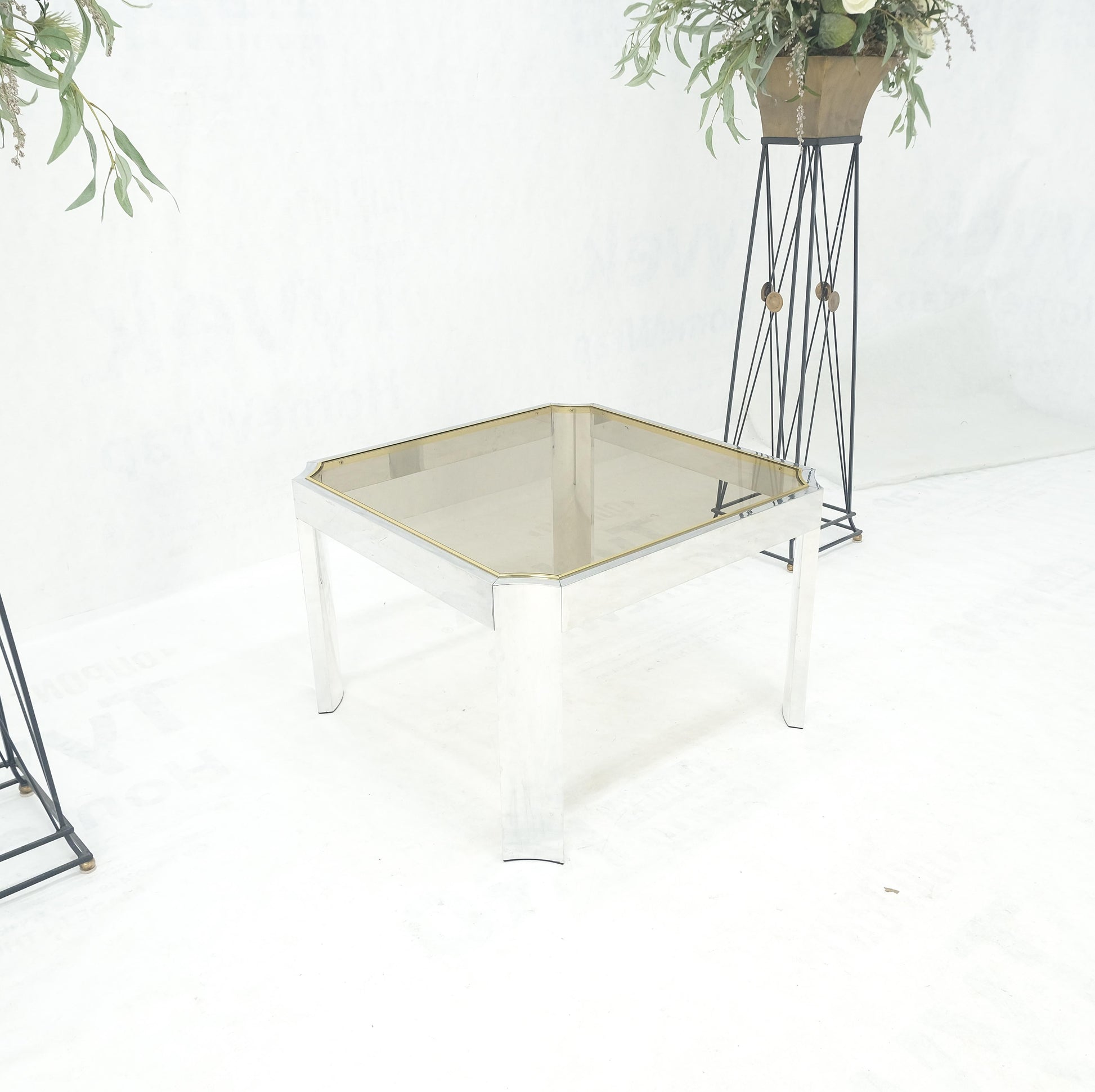EstablishedLines Polished Aluminum Profile Brass Basel Smoked Glass Top Square Coffee Table MINT!