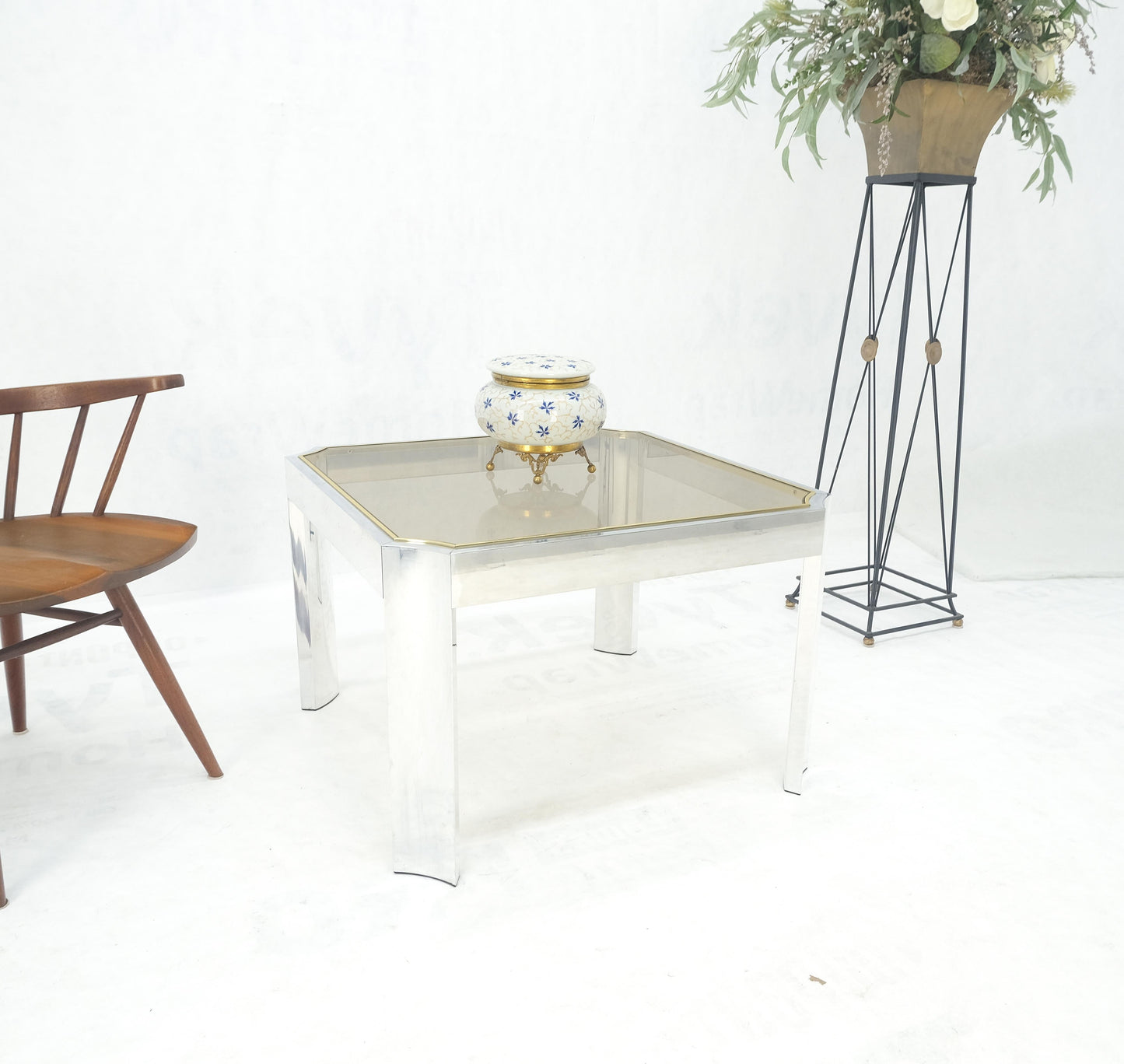 EstablishedLines Polished Aluminum Profile Brass Basel Smoked Glass Top Square Coffee Table MINT!