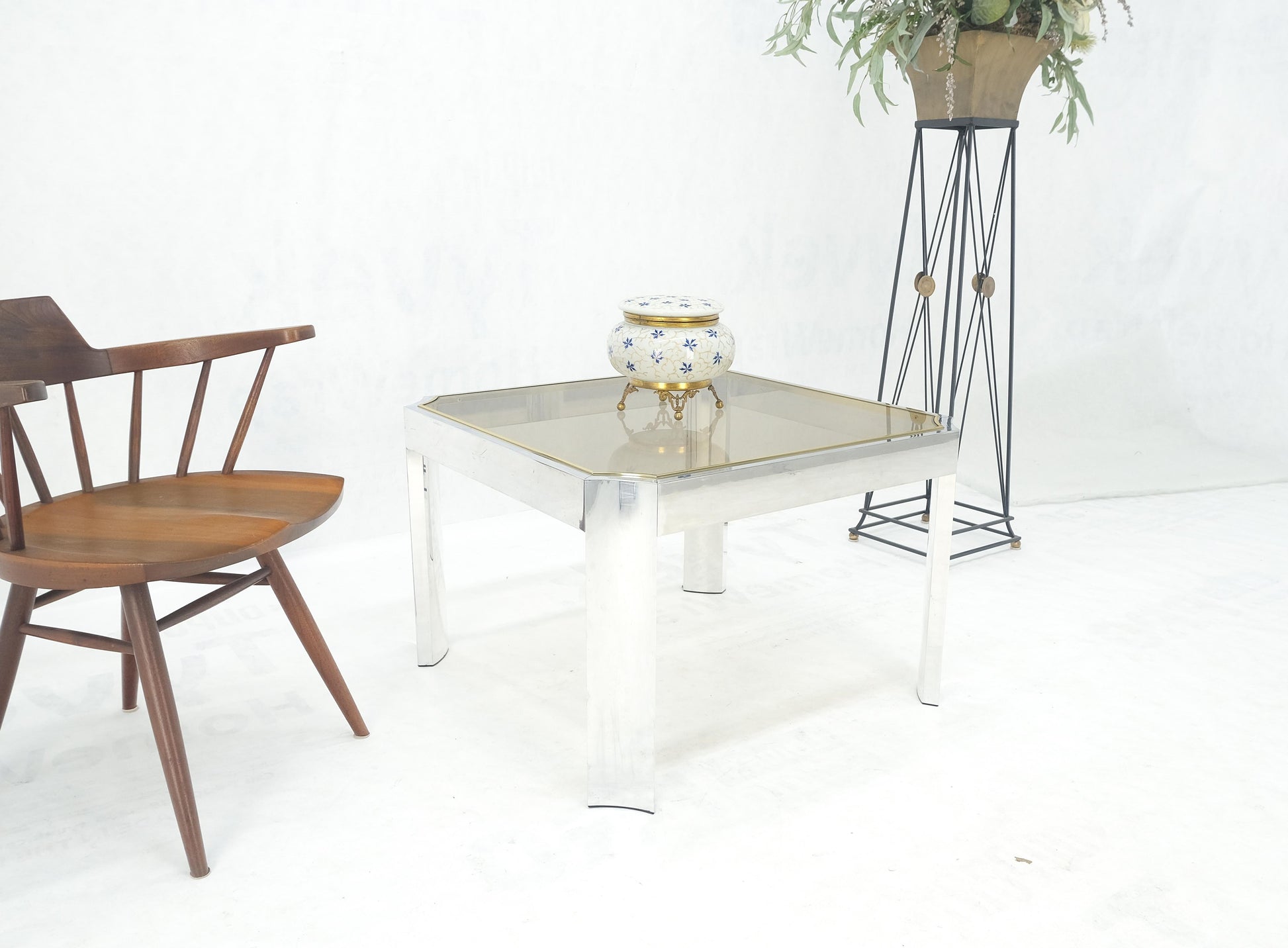 EstablishedLines Polished Aluminum Profile Brass Basel Smoked Glass Top Square Coffee Table MINT!
