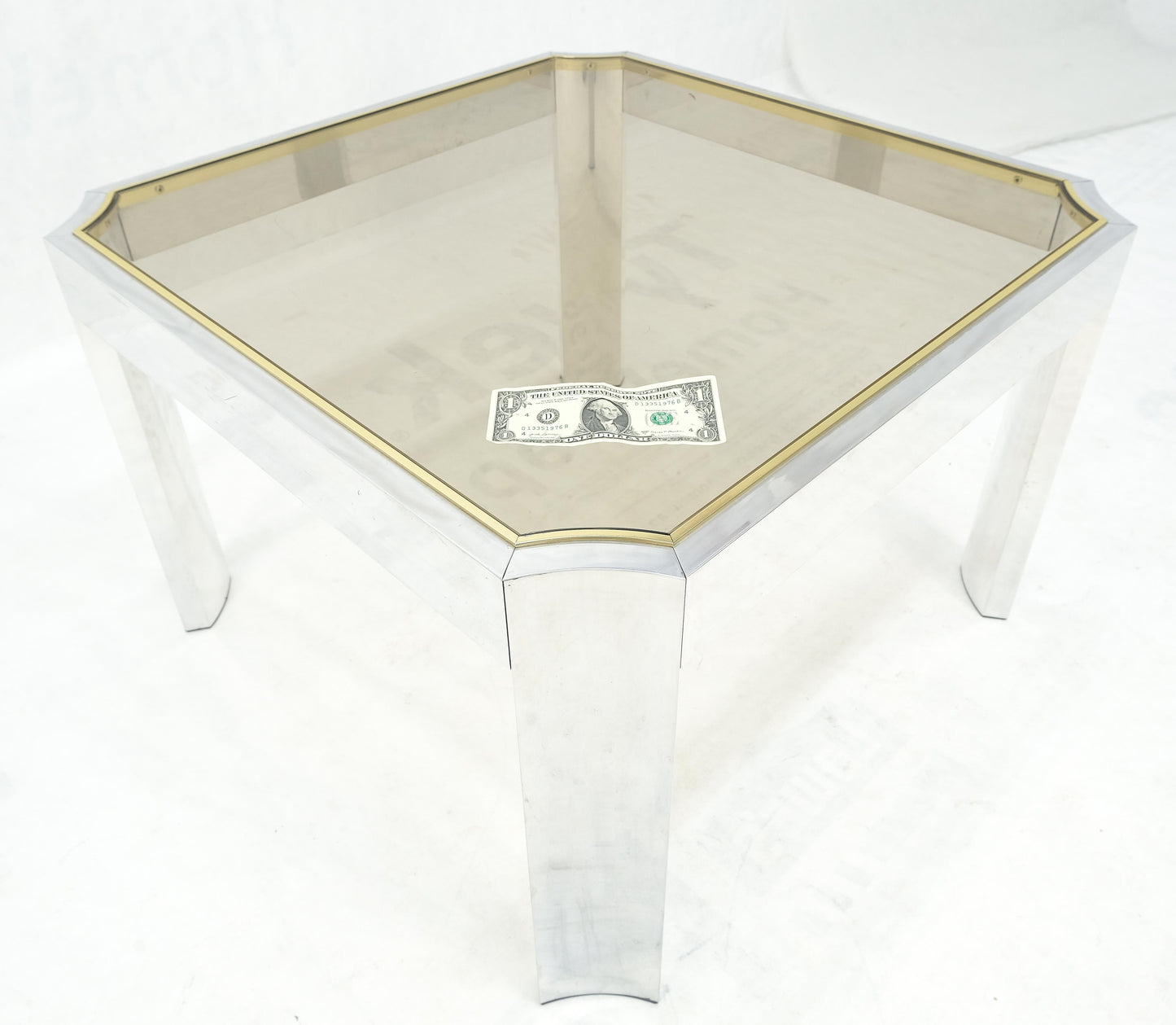 EstablishedLines Polished Aluminum Profile Brass Basel Smoked Glass Top Square Coffee Table MINT!