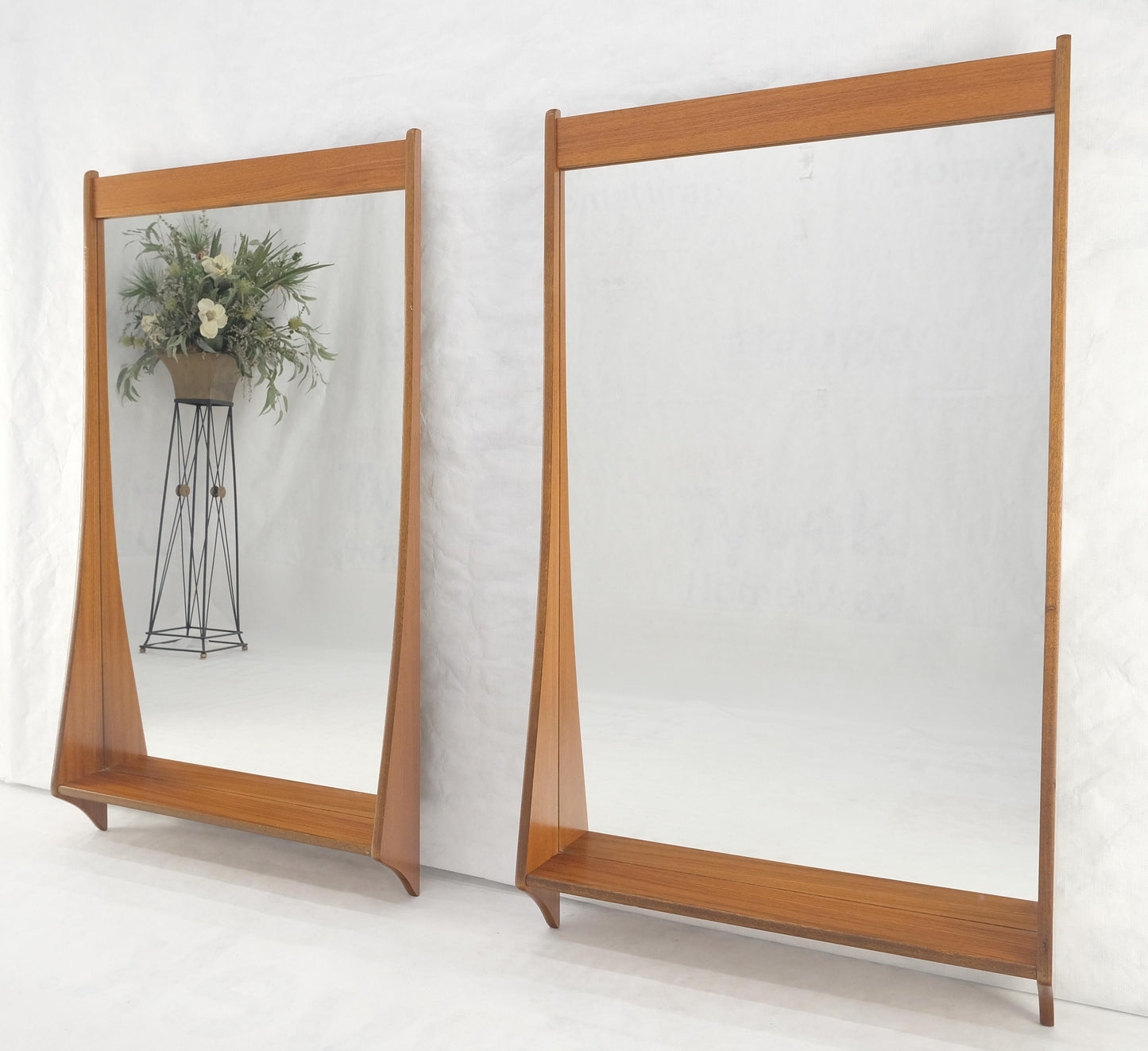 EstablishedLines Pair of Teak Danish Mid Century Modern Shelf Shape Frame  Wall Mirrors MINT!