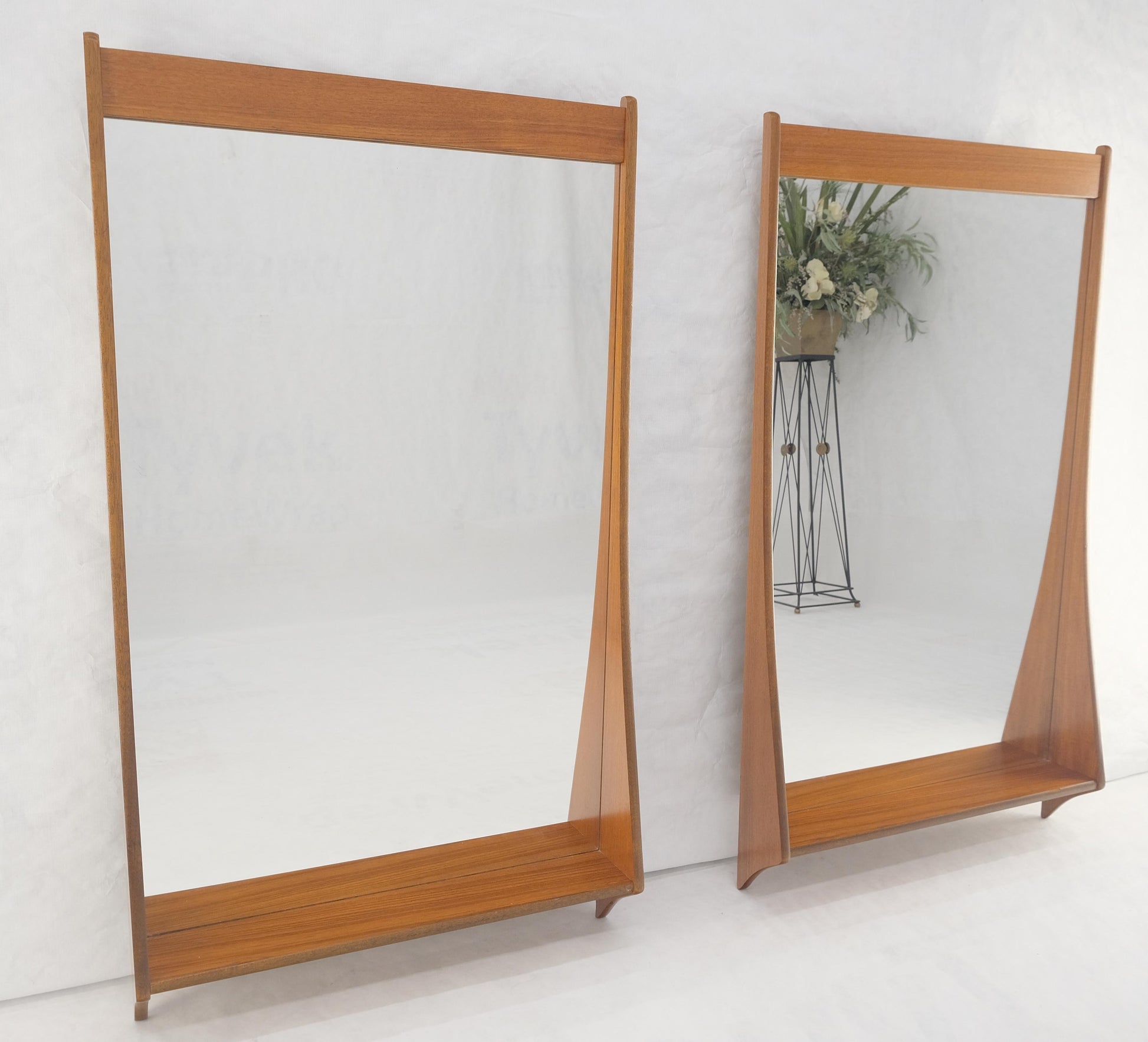 EstablishedLines Pair of Teak Danish Mid Century Modern Shelf Shape Frame  Wall Mirrors MINT!