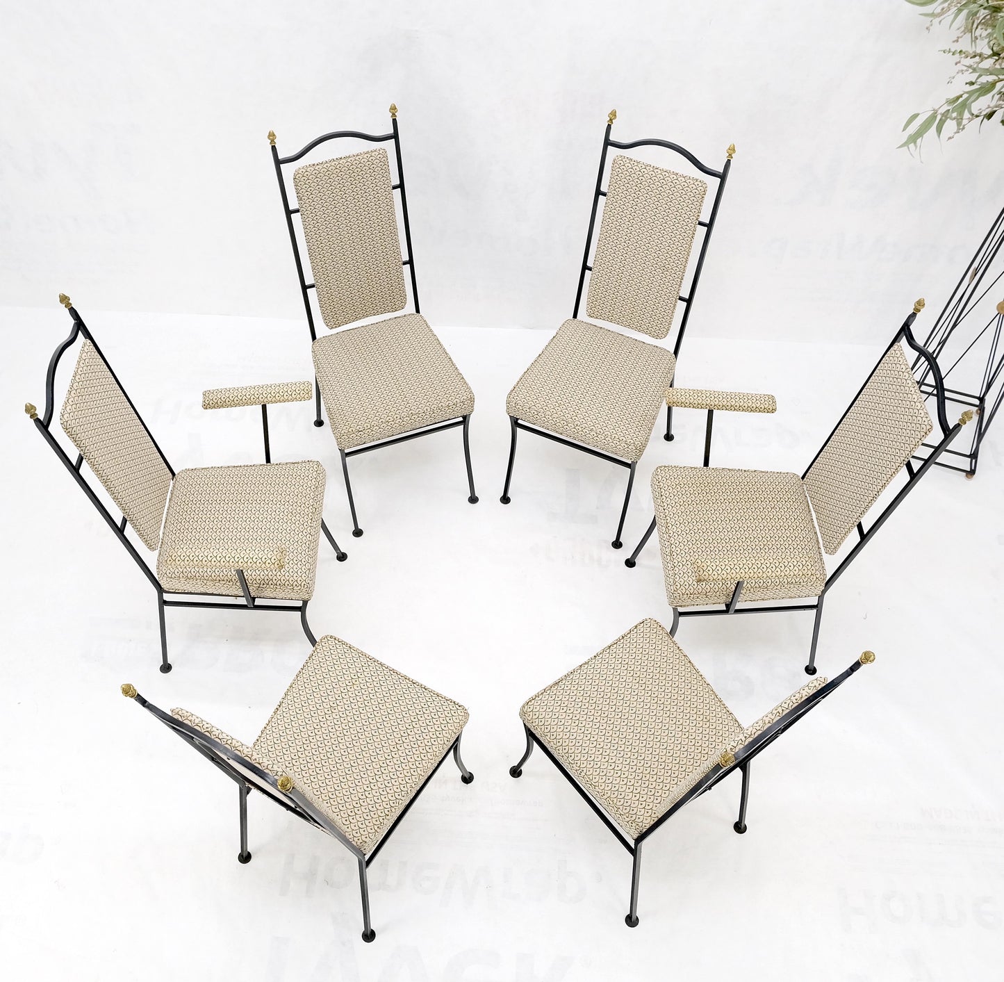 Wrough Iron Round White Marble Top Dining Table 6 Chairs w/ Brass Finials Set