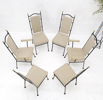 Wrough Iron Round White Marble Top Dining Table 6 Chairs w/ Brass Finials Set