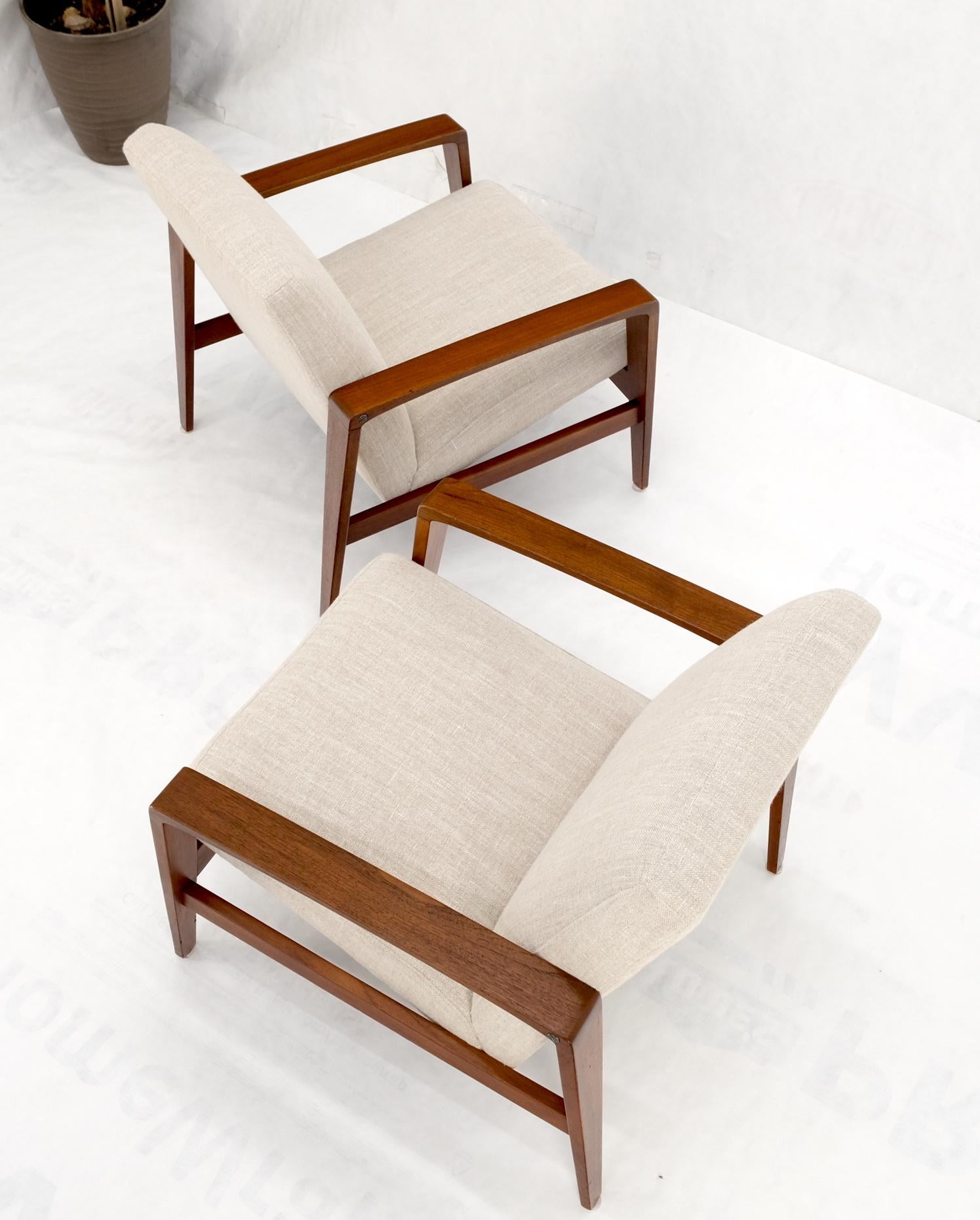 EstablishedLines Pair Restored New Oatmeal Upholstery Teak Mid-Century Modern Lounge Arm Chairs