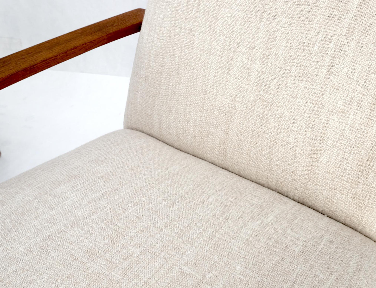 EstablishedLines Pair Restored New Oatmeal Upholstery Teak Mid-Century Modern Lounge Arm Chairs